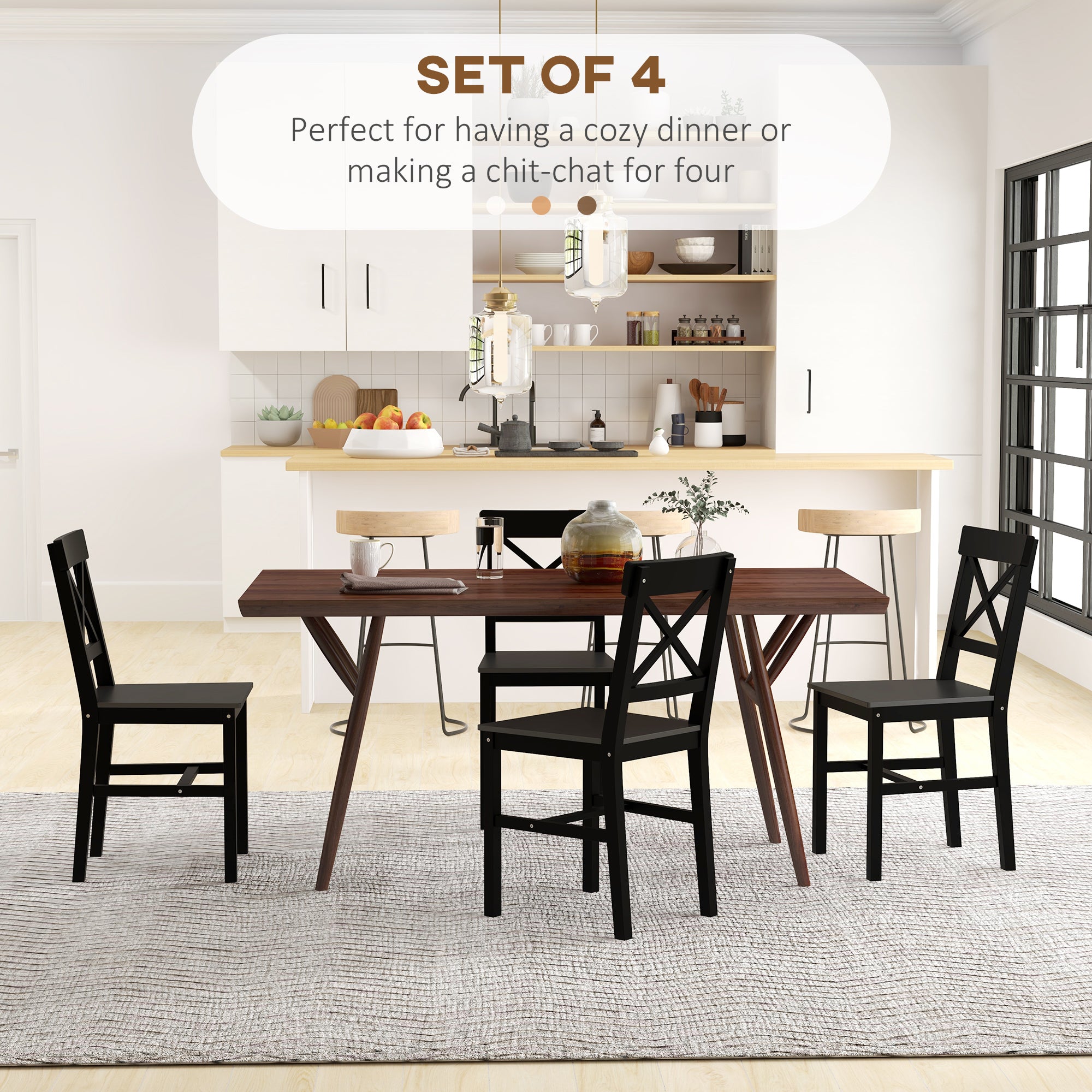 HOMCOM Dining Chairs Set of 4, Farmhouse Wooden Kitchen Chairs with Cross Back, Solid Structure for Dining Room, Black