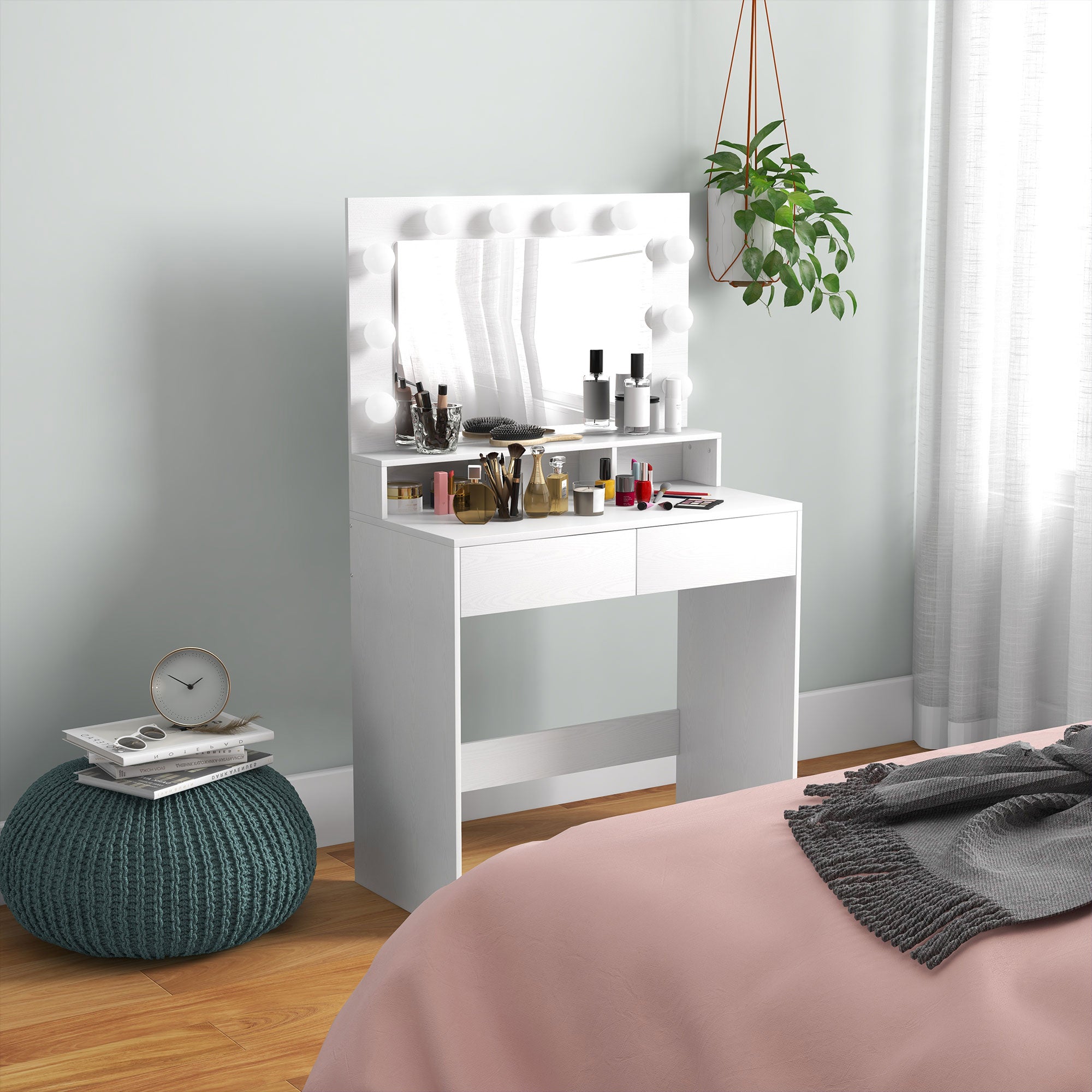 HOMCOM Vanity Table with Lighted Mirror, Makeup Table with Drawers, 3 Lighting Modes, 10 Bulbs, Modern Dressing Table for Bedroom, White