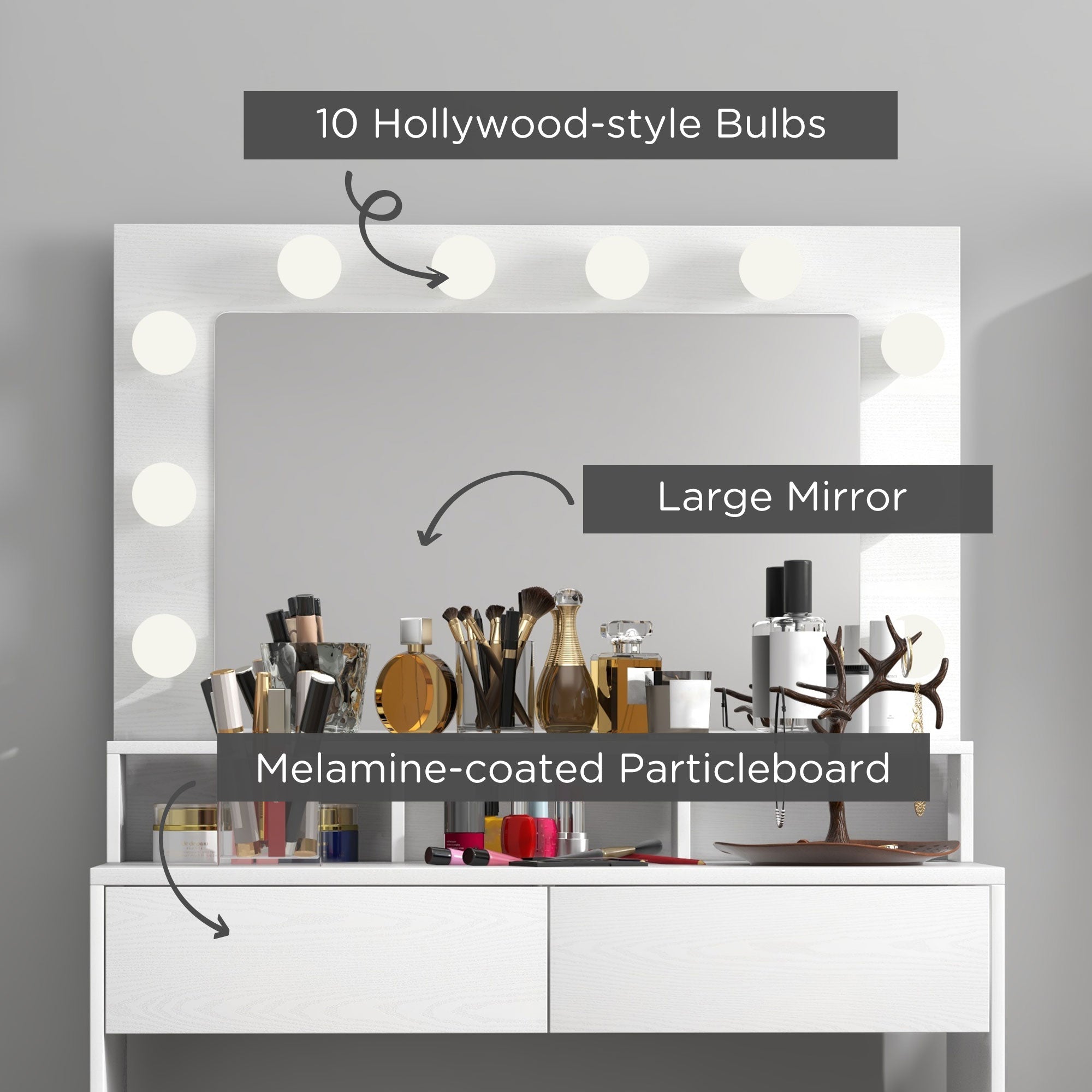 HOMCOM Vanity Table with Lighted Mirror, Makeup Table with Drawers, 3 Lighting Modes, 10 Bulbs, Modern Dressing Table for Bedroom, White