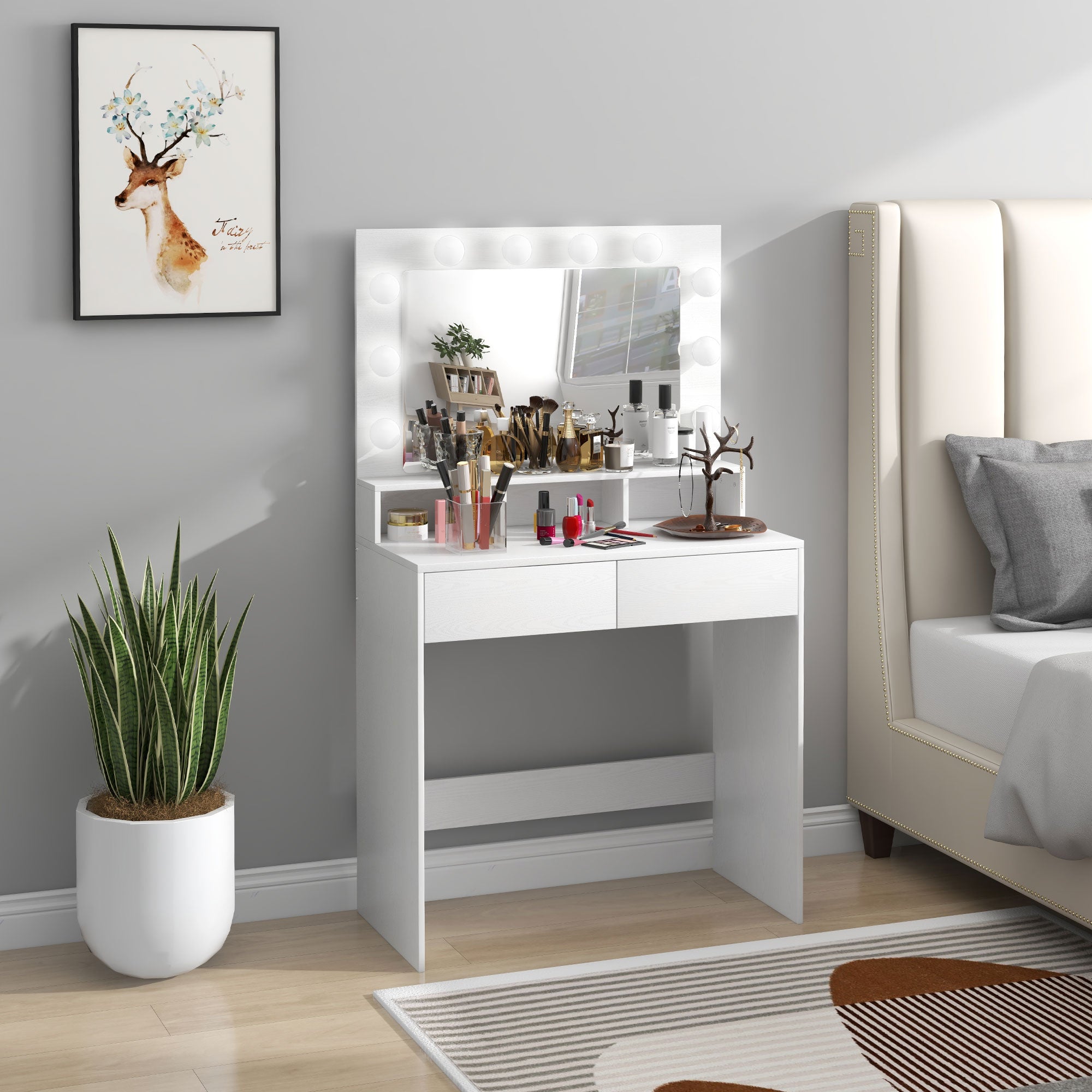 HOMCOM Vanity Table with Lighted Mirror, Makeup Table with Drawers, 3 Lighting Modes, 10 Bulbs, Modern Dressing Table for Bedroom, White