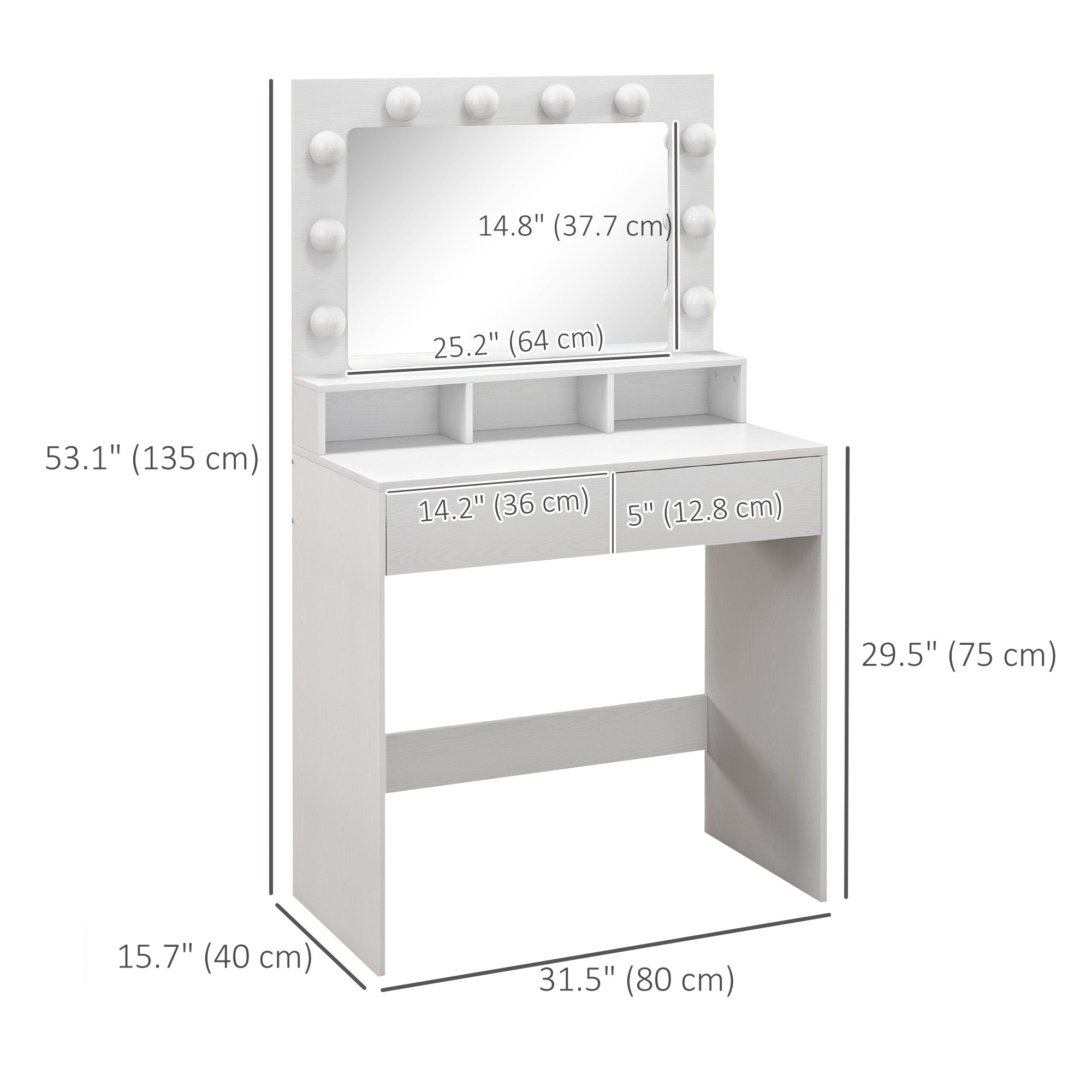 HOMCOM Vanity Table with Lighted Mirror, Makeup Table with Drawers, 3 Lighting Modes, 10 Bulbs, Modern Dressing Table for Bedroom, White