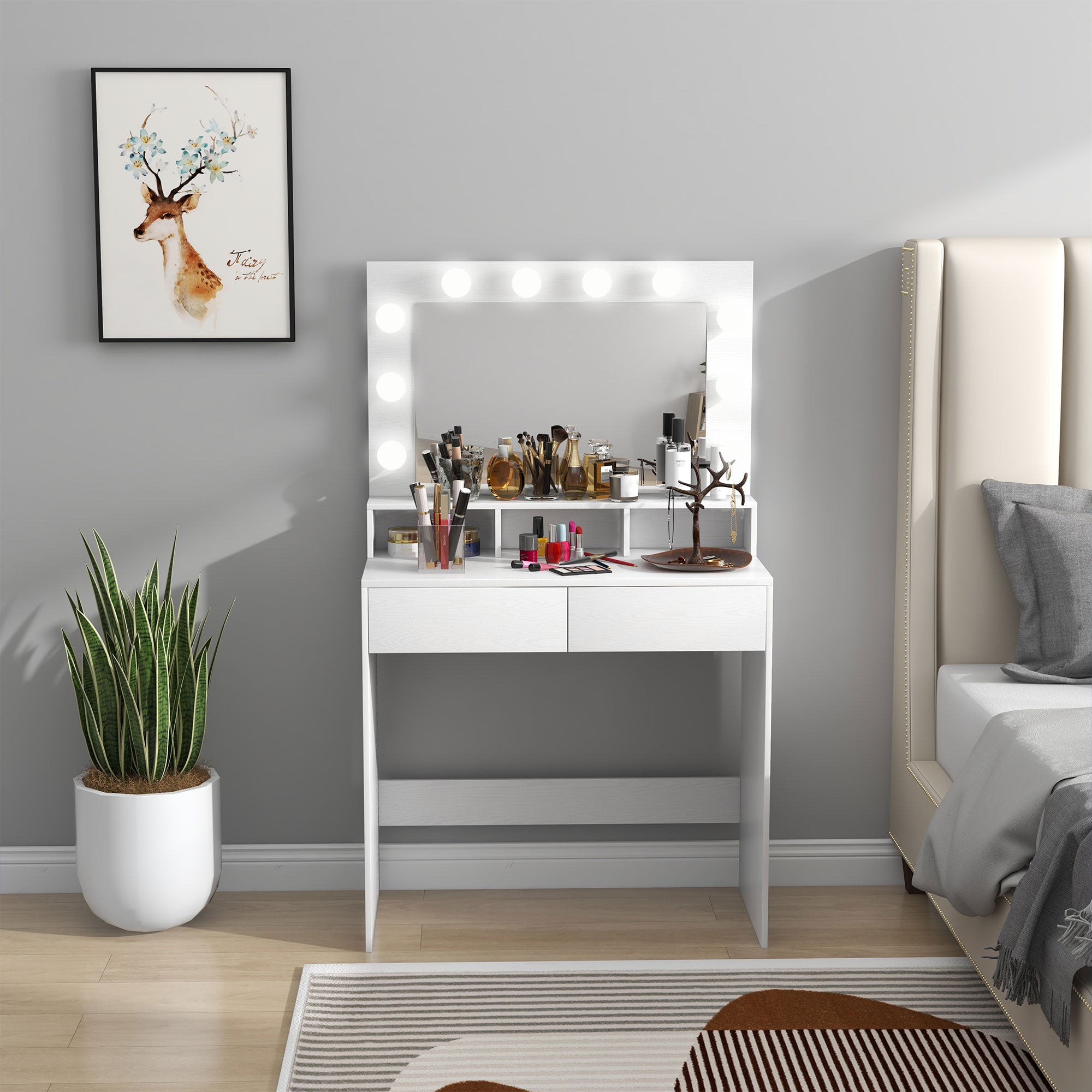 HOMCOM Vanity Table with Lighted Mirror, Makeup Table with Drawers, 3 Lighting Modes, 10 Bulbs, Modern Dressing Table for Bedroom, White