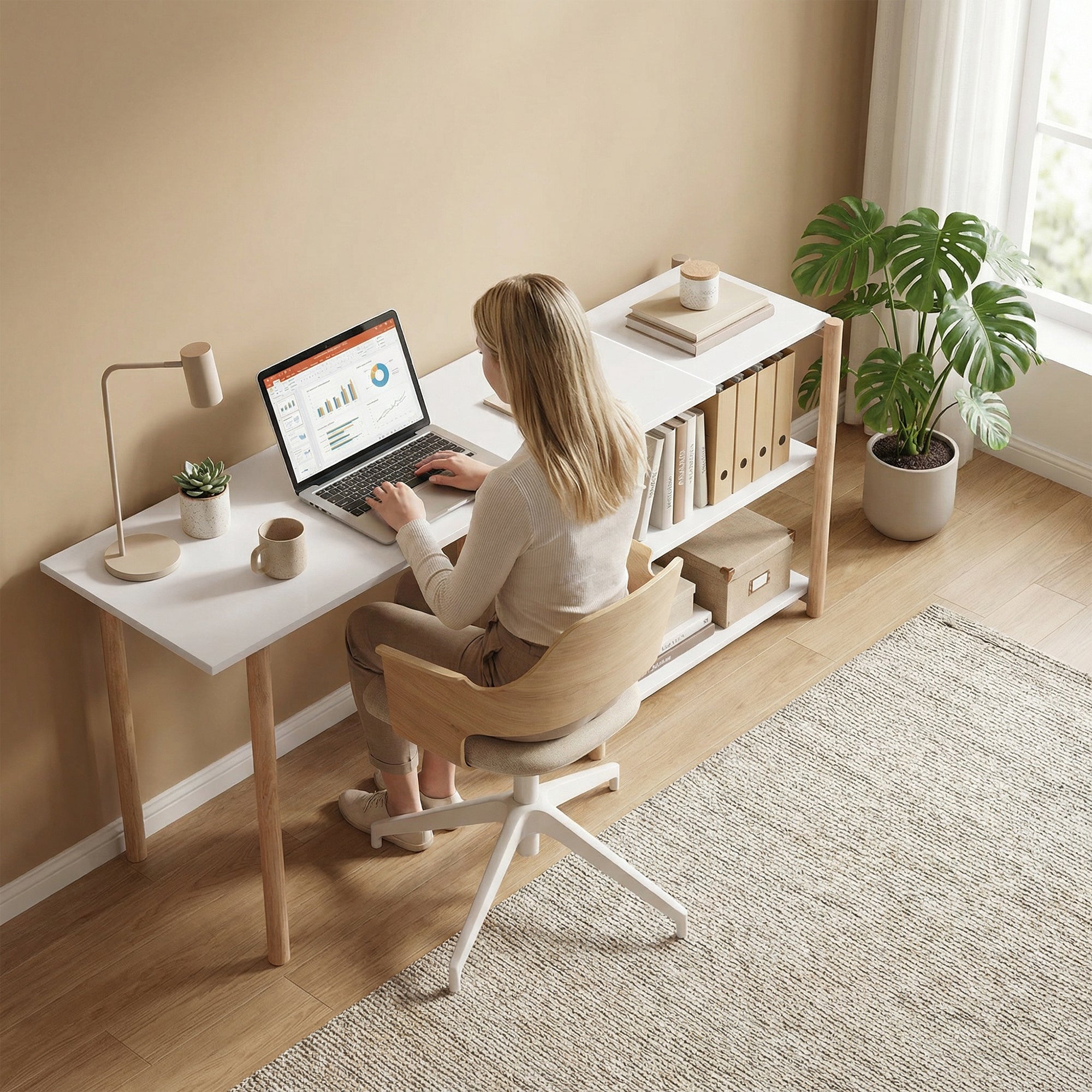 Computer Desk, Modern Writing Desk with Storage Shelves and Bamboo Frame, Easy Assembly Study Table for Home Office, Bedroom, 150 cm, White and Oak