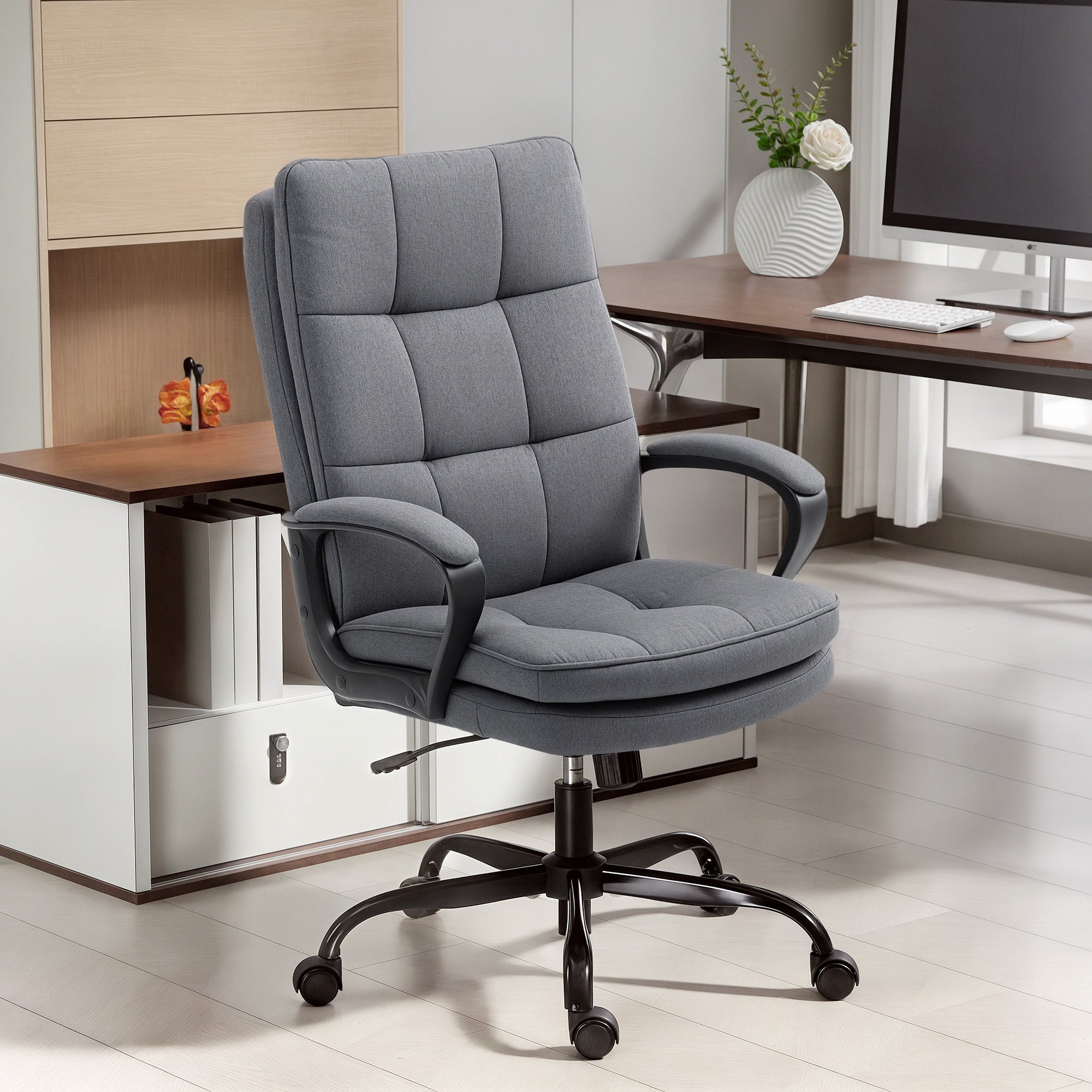 Executive Office Chair, Fabric Computer Desk Chair with Dual-Layer Padding, High Back, Silent Swivel Wheels, Armrest, Height Adjustable, Tilt Function for Home, Charcoal Grey