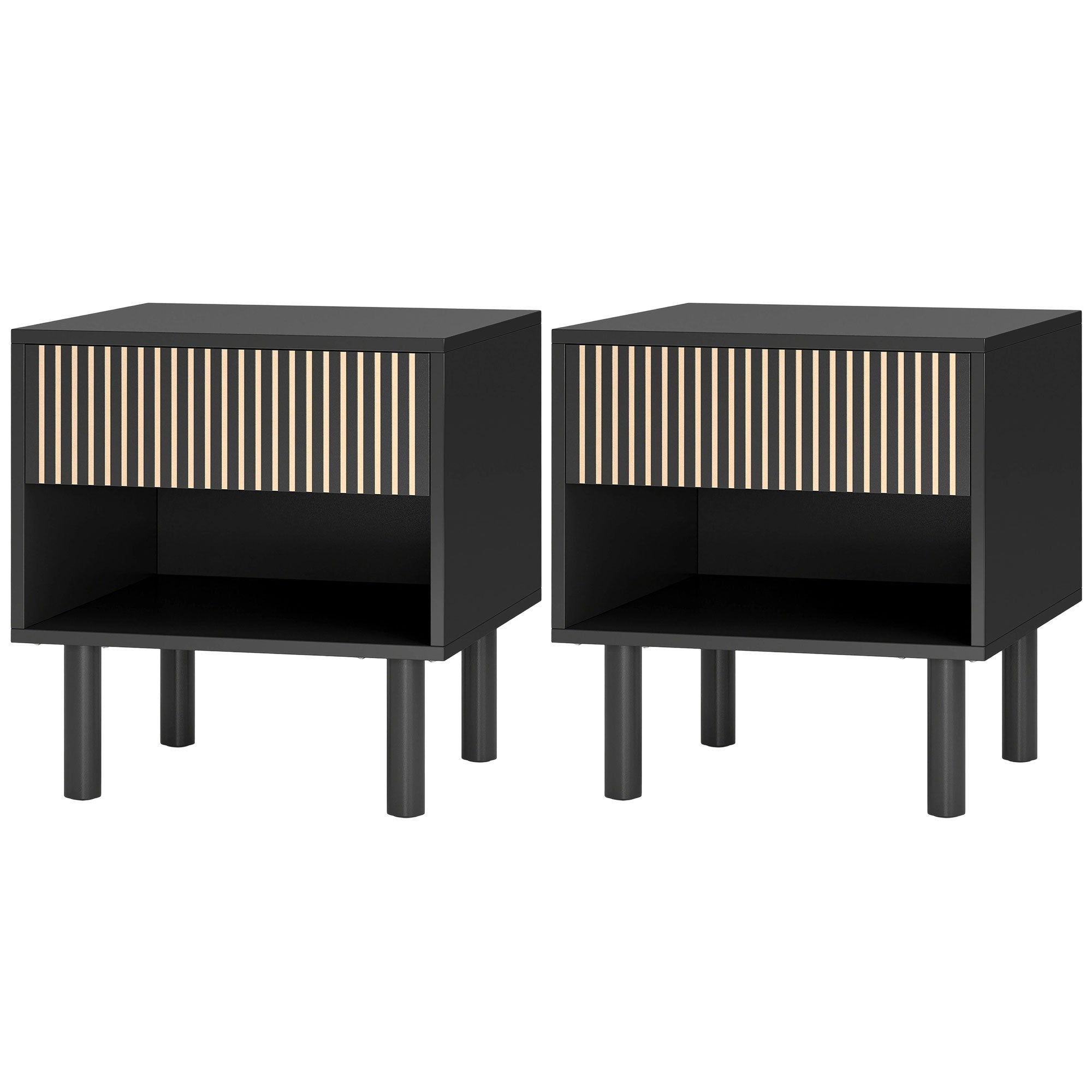 Modern Nightstand Set of 2, Bedside Table with Drawer and Open Shelf, Side End Table for Bedroom, Black