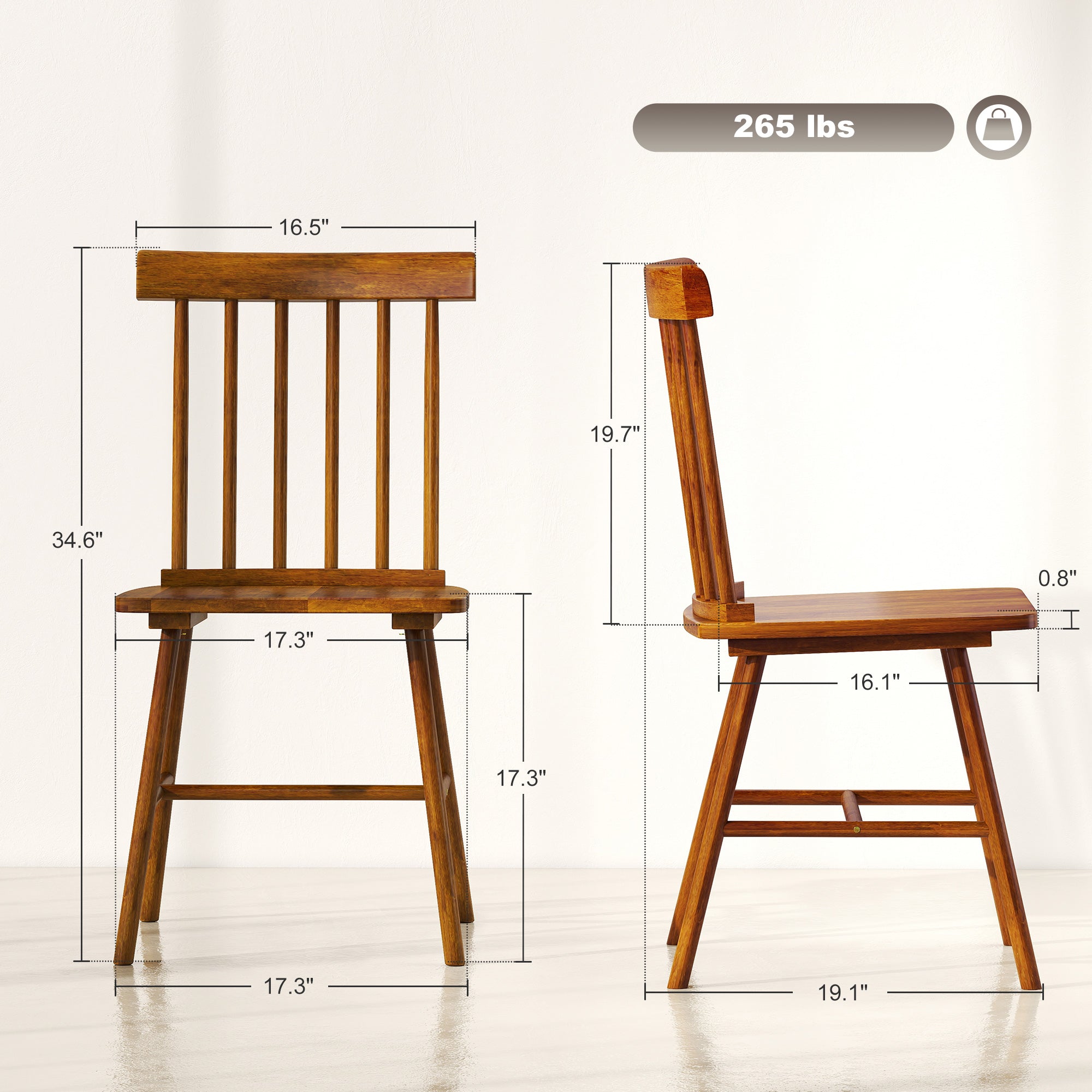 Windsor Dining Chairs Set of 4, Farmhouse Wooden Kitchen Chairs with Rubber Wood Frame and Spindle Backrest for Dining & Living Room, Light Brown