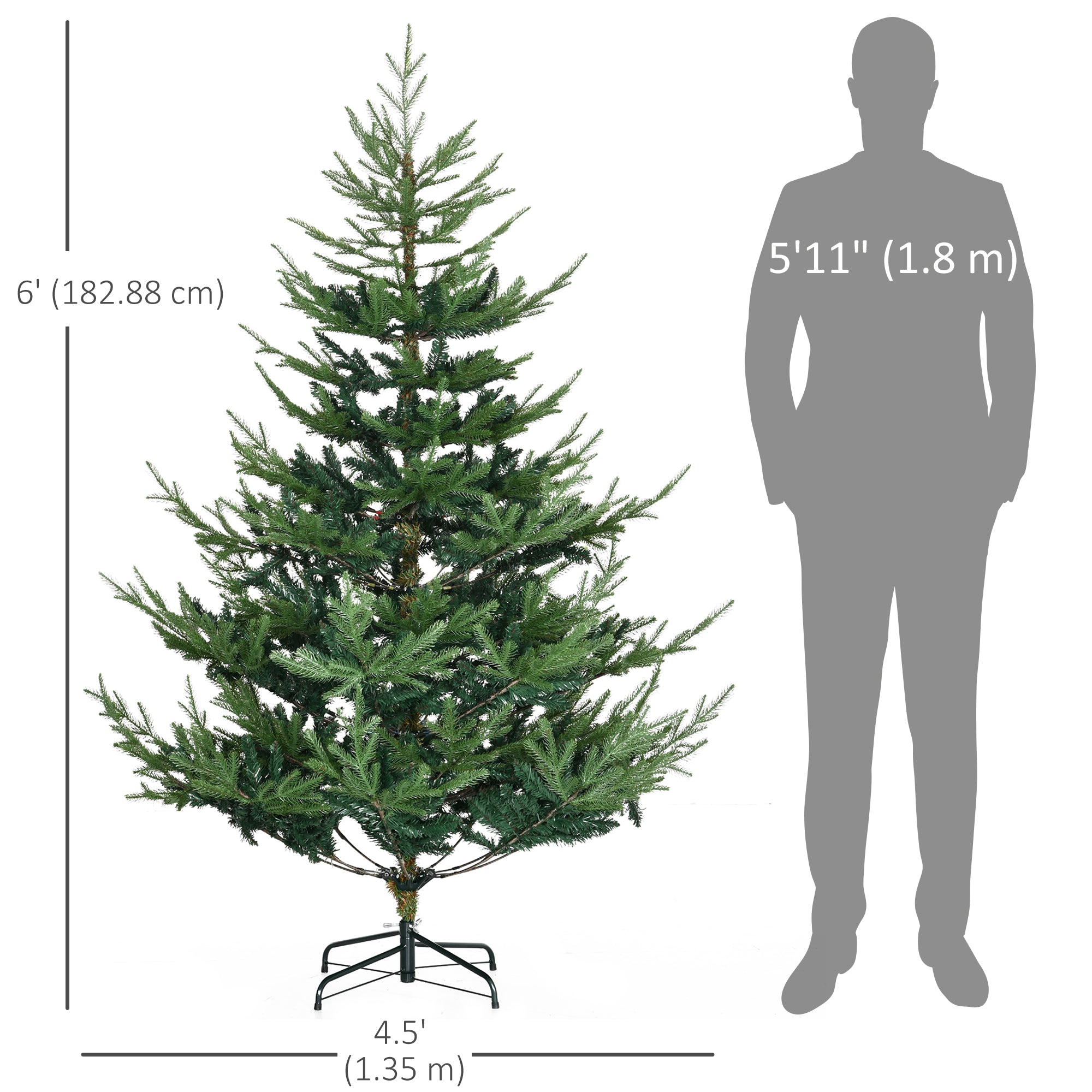 6ft Artificial Christmas Tree, Wide Pine Holidy Decor, Hinged Xmas Tree with 795 Tips, Metal Base, Green