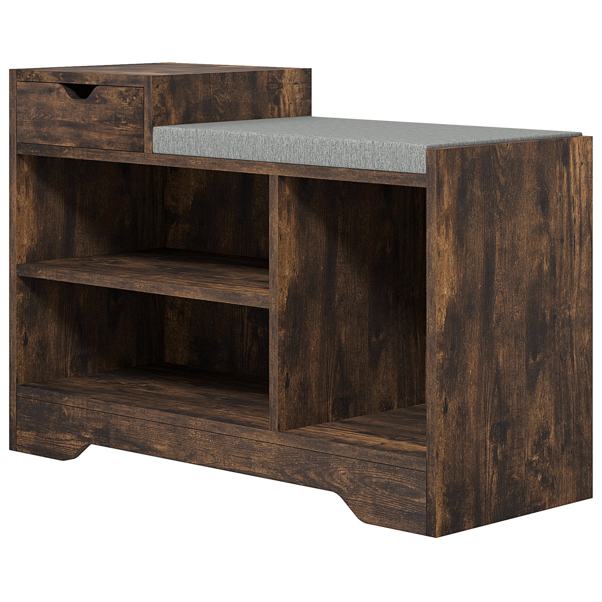 HOMCOM Shoe Storage Bench, Shoe Rack Bench with Seating Cushion, Drawer, 3 Open Compartments and Table Top for Entryway, Hallway, Rustic Brown
