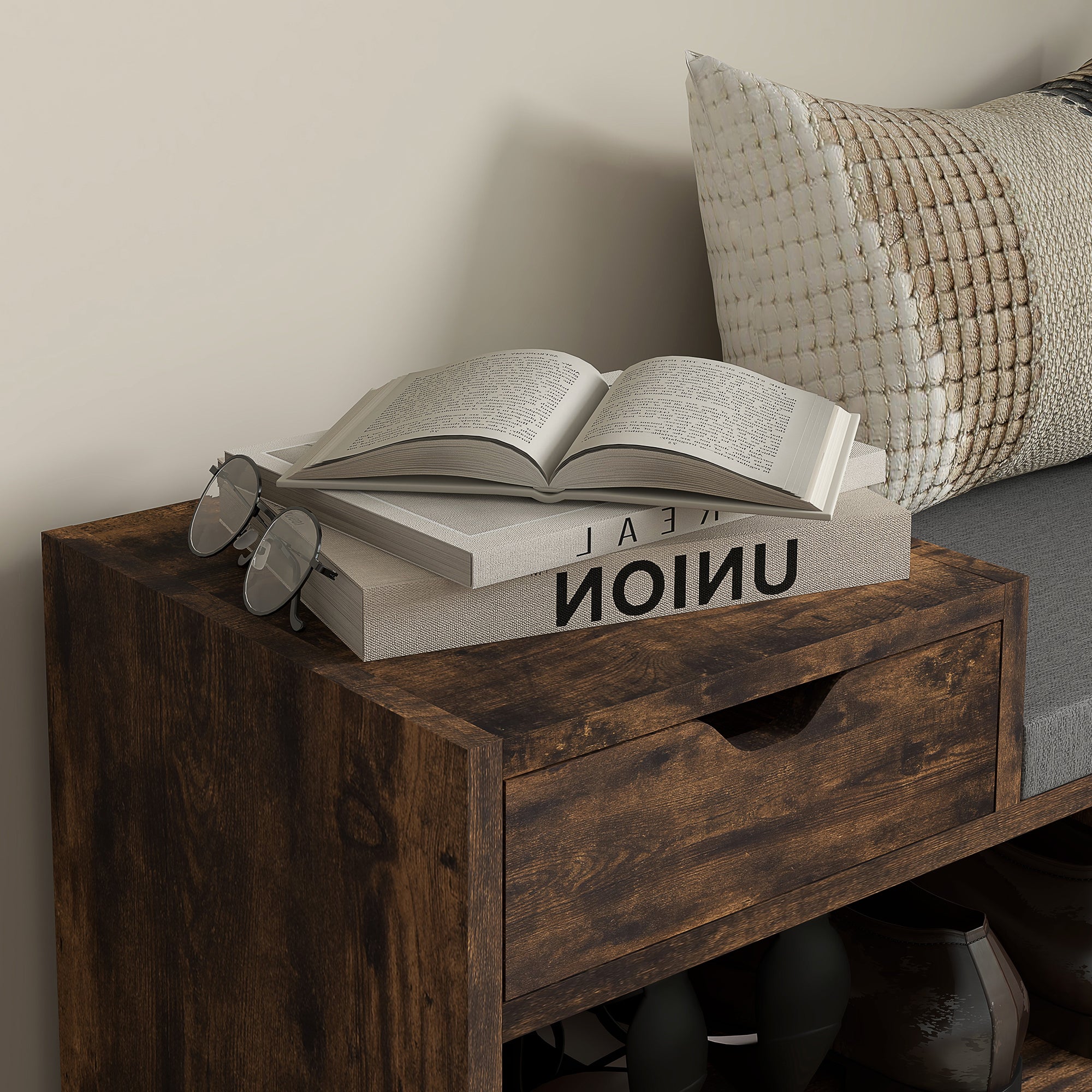 HOMCOM Shoe Storage Bench, Shoe Rack Bench with Seating Cushion, Drawer, 3 Open Compartments and Table Top for Entryway, Hallway, Rustic Brown