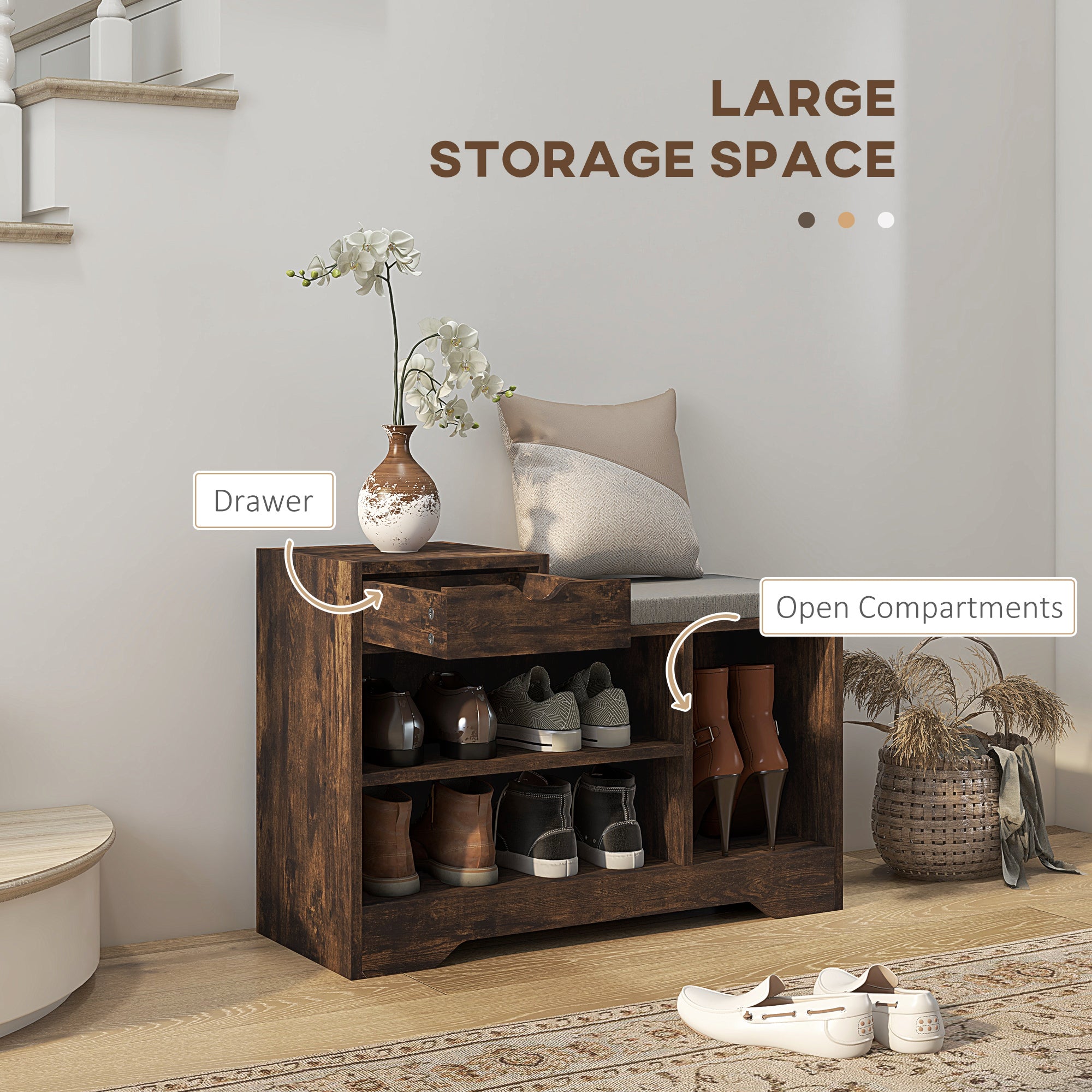 HOMCOM Shoe Storage Bench, Shoe Rack Bench with Seating Cushion, Drawer, 3 Open Compartments and Table Top for Entryway, Hallway, Rustic Brown