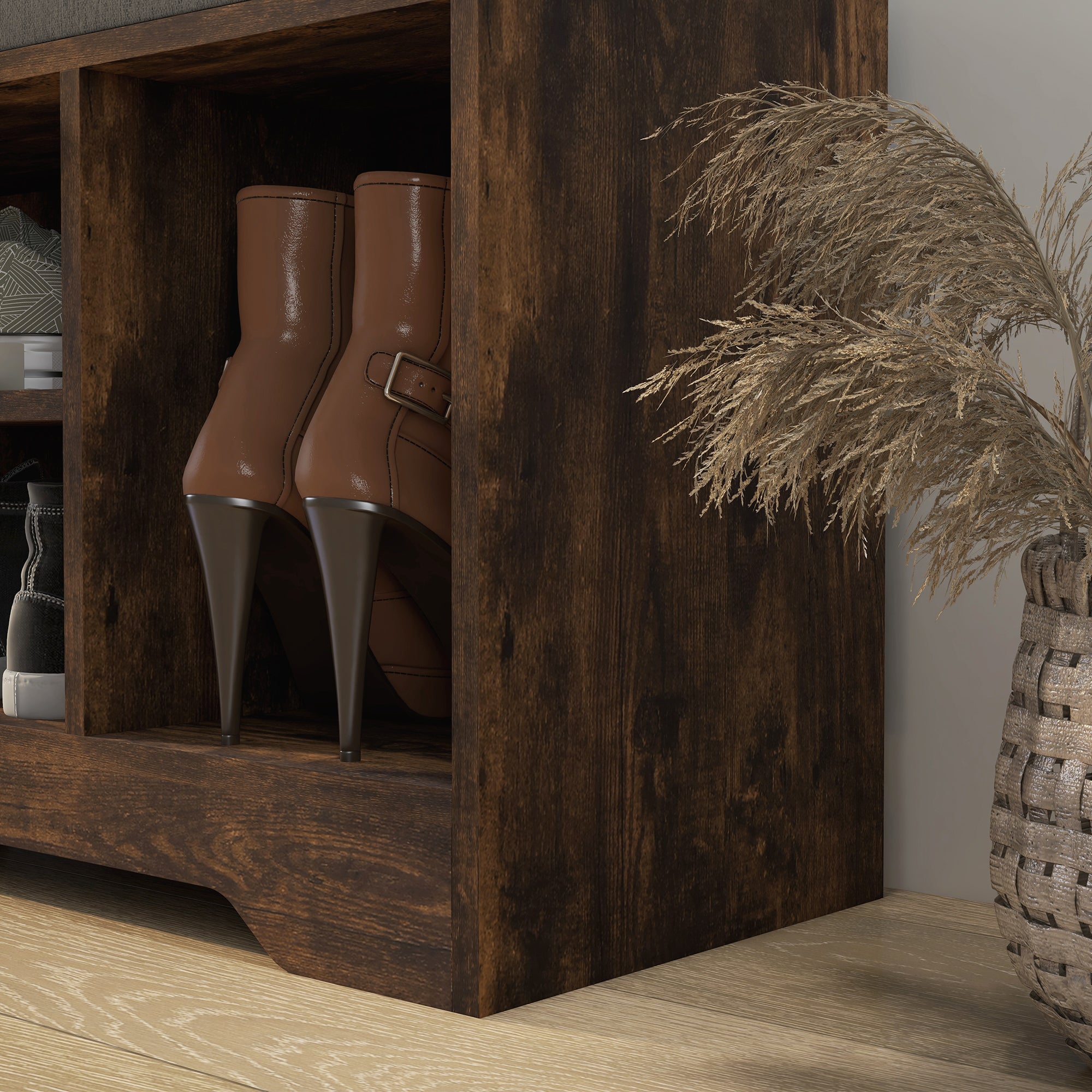 HOMCOM Shoe Storage Bench, Shoe Rack Bench with Seating Cushion, Drawer, 3 Open Compartments and Table Top for Entryway, Hallway, Rustic Brown