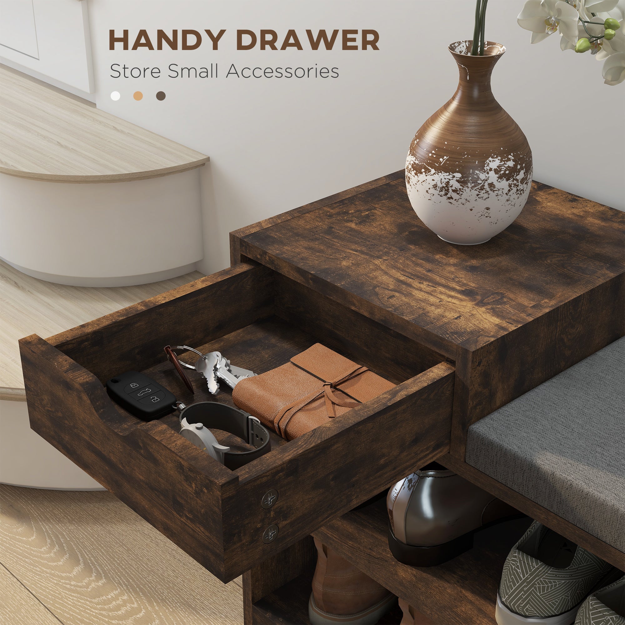 HOMCOM Shoe Storage Bench, Shoe Rack Bench with Seating Cushion, Drawer, 3 Open Compartments and Table Top for Entryway, Hallway, Rustic Brown