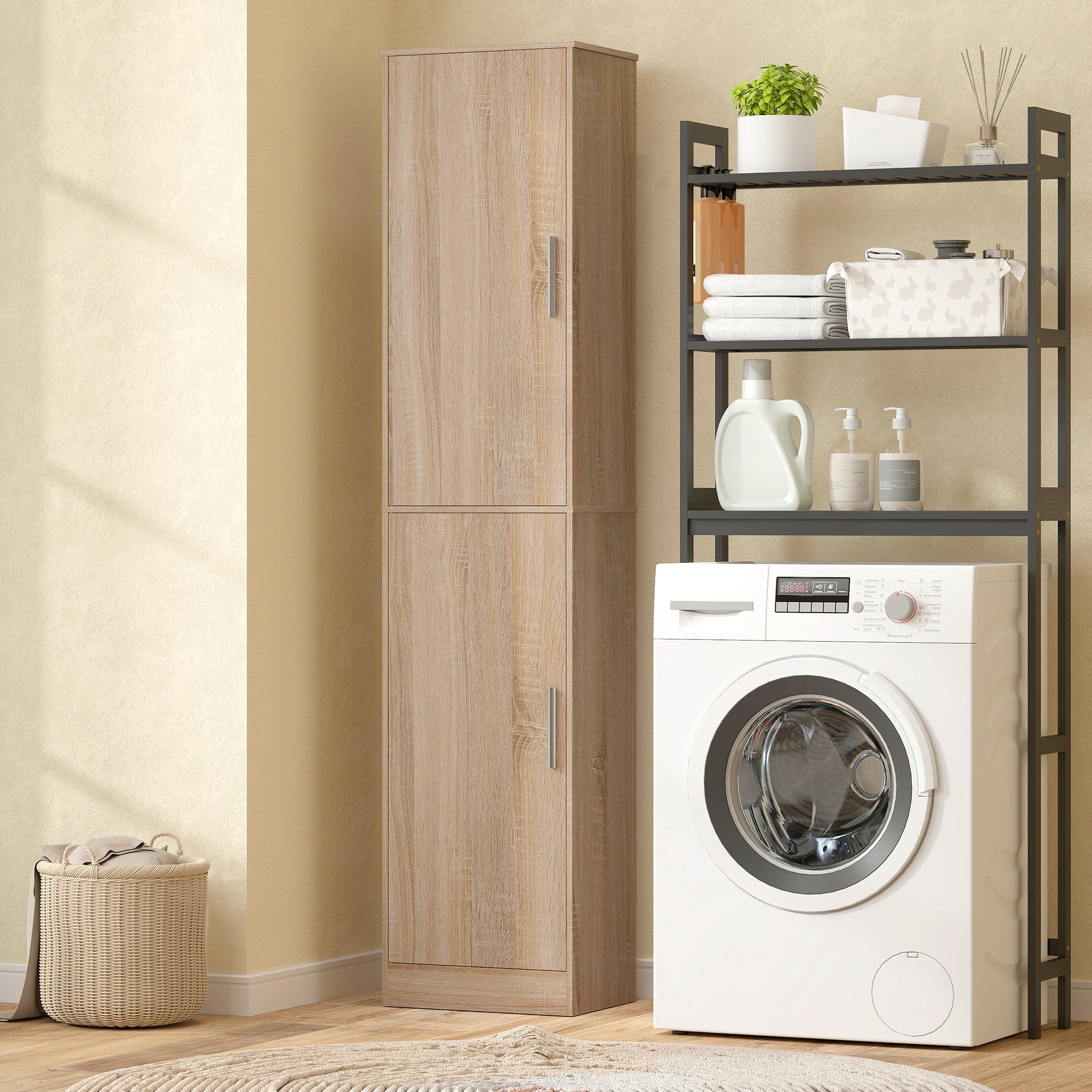 71" Tall Bathroom Cabinet, Slim 6-Tier Bathroom Floor Cabinet with 2 Doors, 4 Adjustable Shelves, Standing Storage Unit for Small Spaces, Living Room, Kitchen, Natural Wood