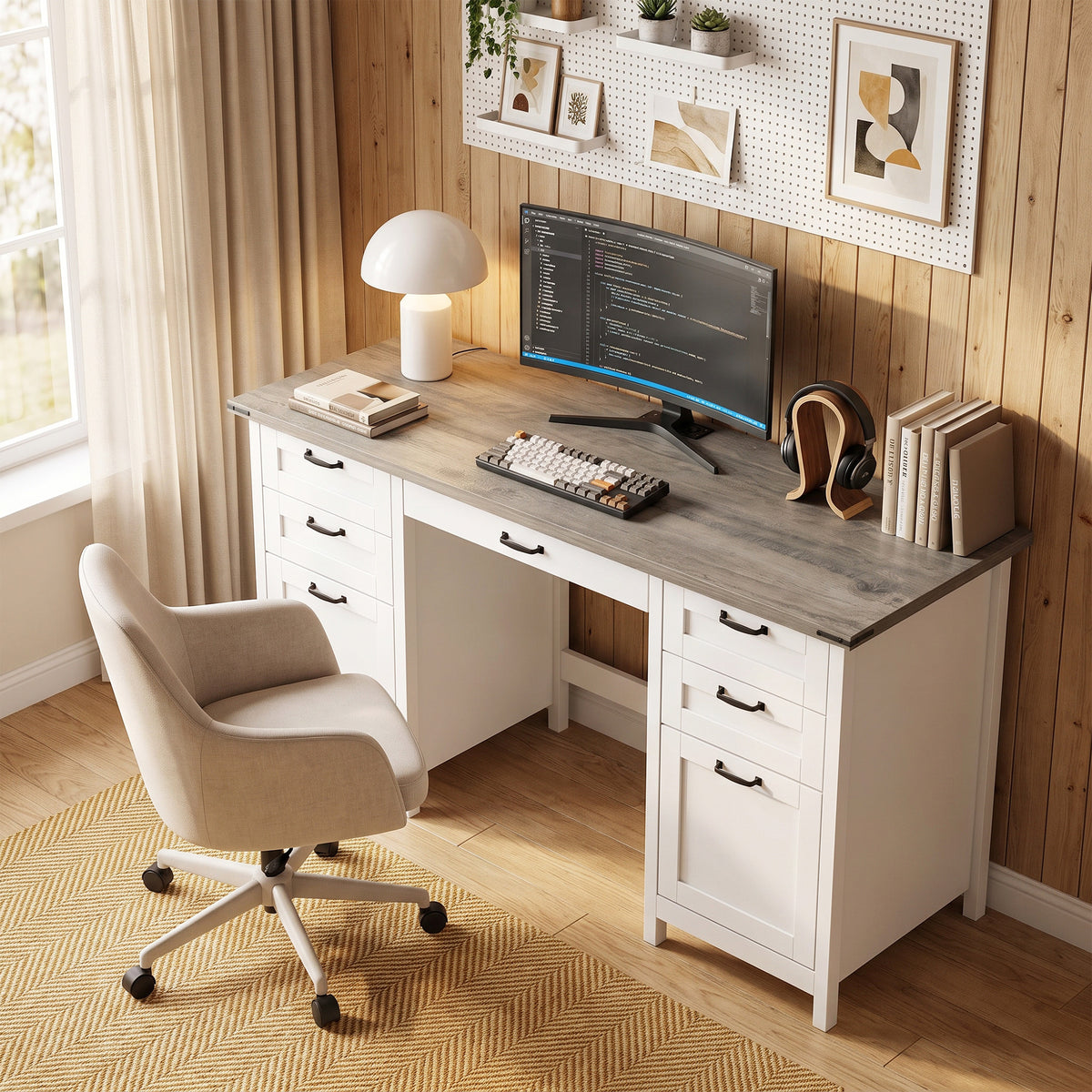 Farmhouse 57" Executive Desk with 7 Drawers, Computer Desk with Power Outlets & USB Charging, Hanging Bar for A4 and Letter, Home Office, Study, Grey Brown and White