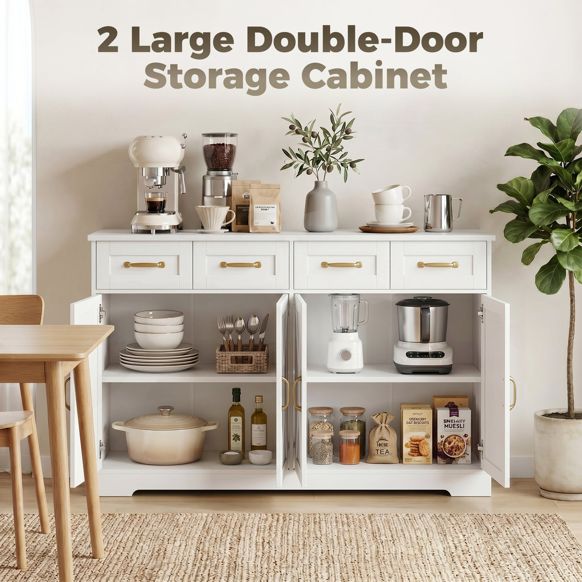 Sideboard Buffet Cabinet, 55" Modern Farmhouse Kitchen Storage Cabinet with 4 Drawers, 4 Doors and 2 Adjustable Shelves, Coffee Bar Station, White