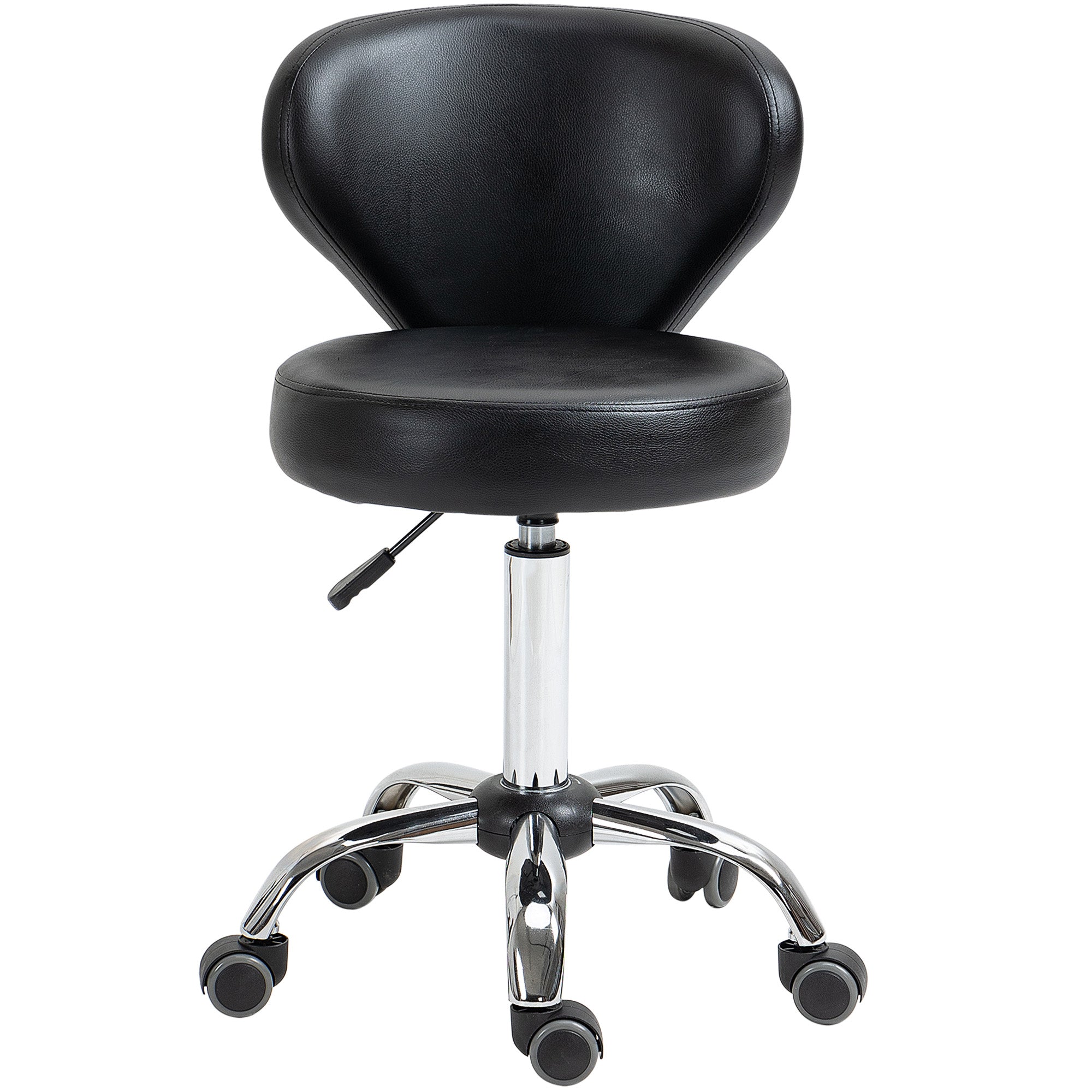 Adjustable Swivel Salon Stool with Backrest and Wheels, Office & Living Room Chair, Synthetic Leather, Black, 17.7" L x 21.3" W x 28.7" - 34.6" H