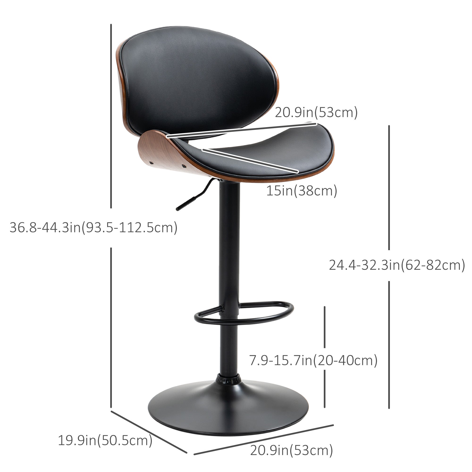 HOMCOM Bar Stools Set of 2, Modern Adjustable Swivel Barstools, PU Leather Bar Chairs with Curved Back, Footrest and Steel Base, Black