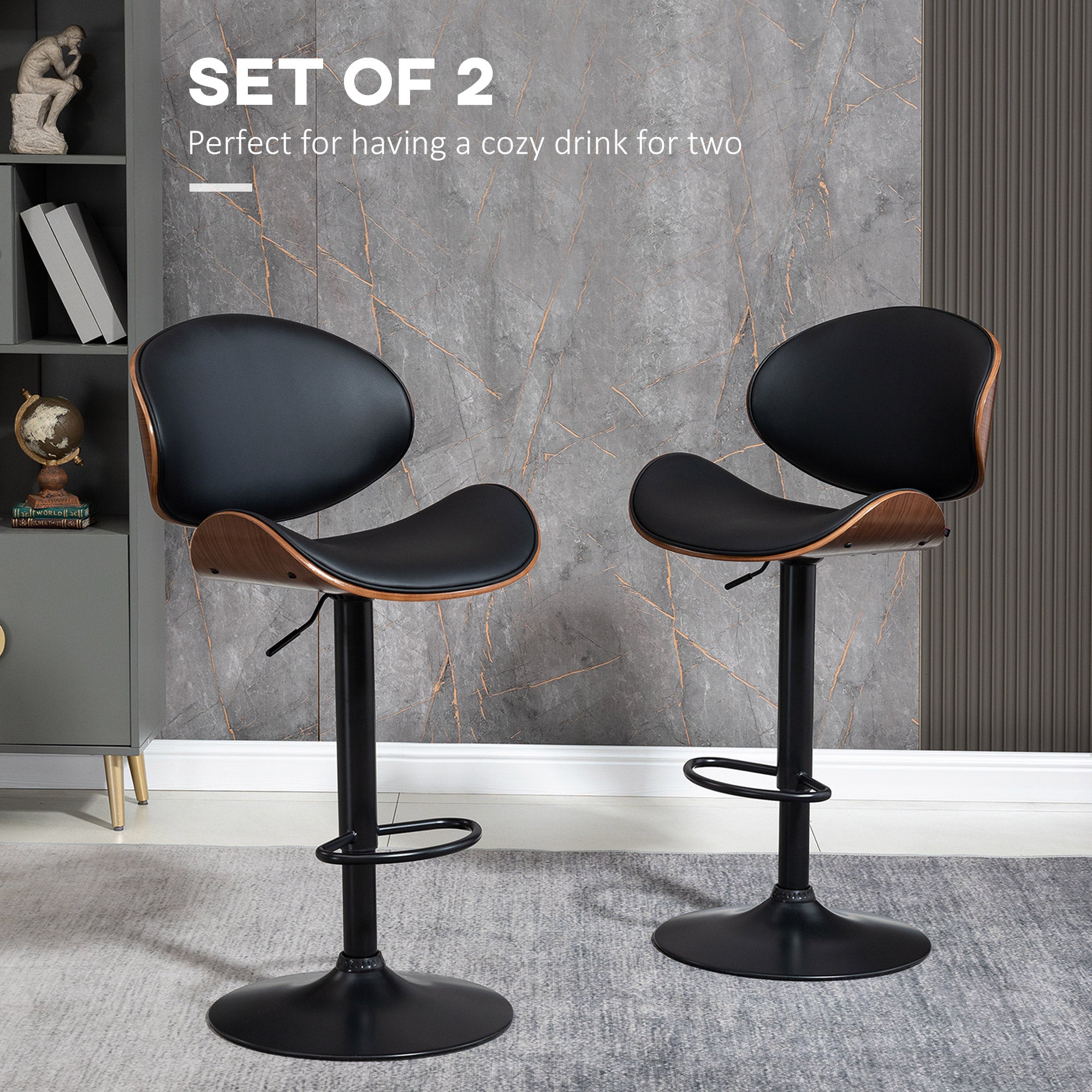 HOMCOM Bar Stools Set of 2, Modern Adjustable Swivel Barstools, PU Leather Bar Chairs with Curved Back, Footrest and Steel Base, Black