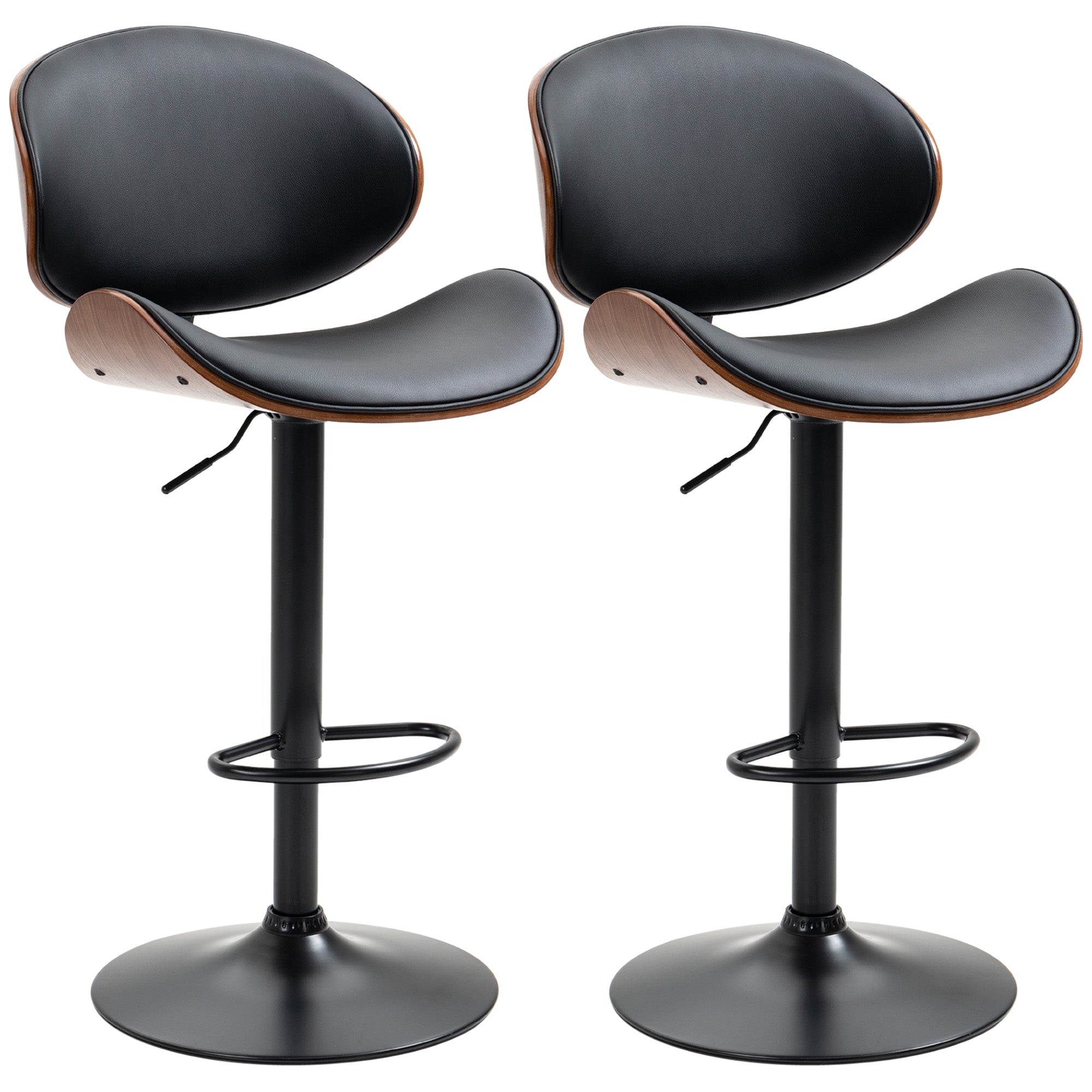 HOMCOM Bar Stools Set of 2, Modern Adjustable Swivel Barstools, PU Leather Bar Chairs with Curved Back, Footrest and Steel Base, Black