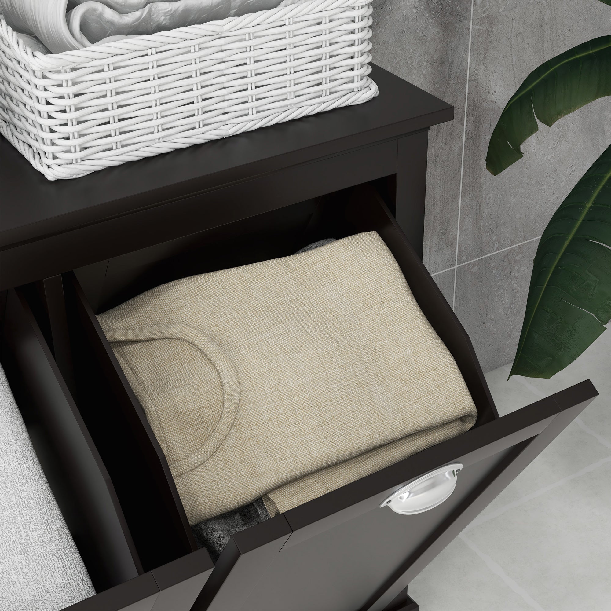 HOMCOM Tilt-Out Laundry Storage Cabinet, Bathroom Storage Organizer with Two-Compartment Tilt Out Hamper, Black