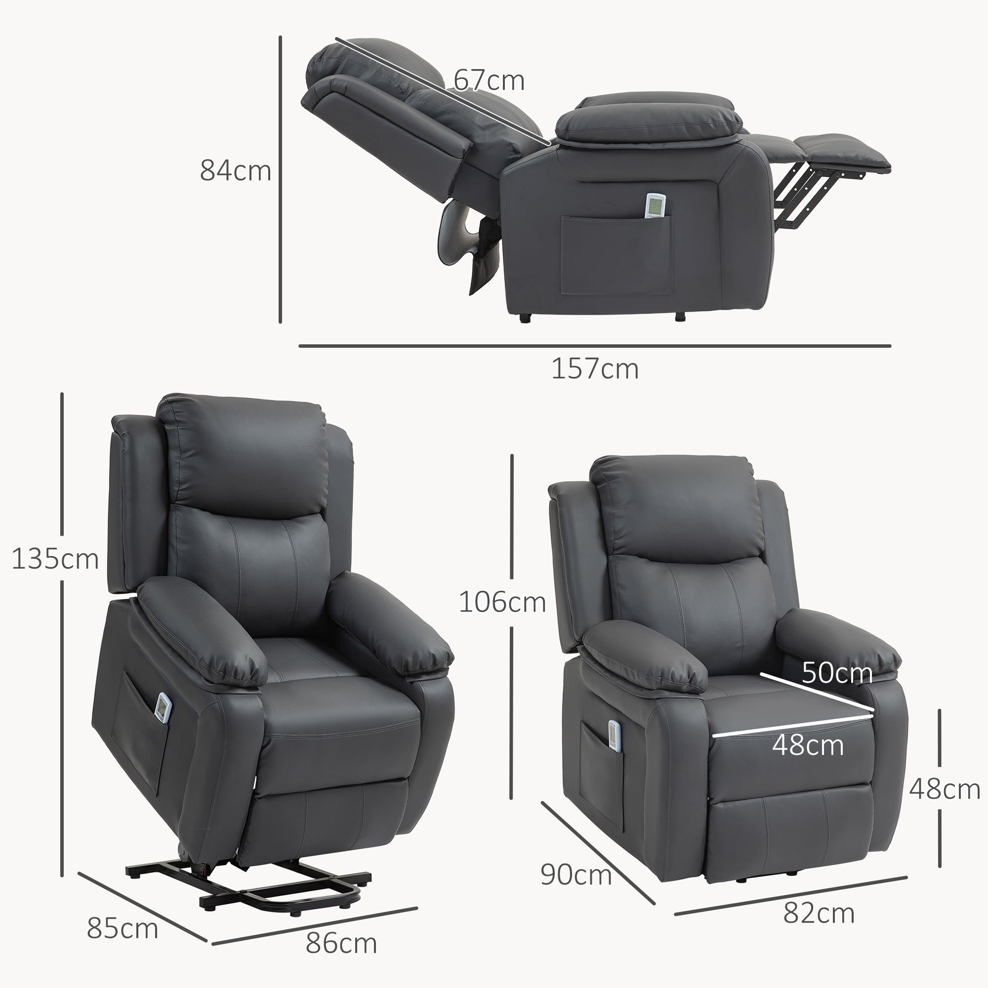 Riser and Recliner Chair with Vibration Massage, PU Leather Power Lift Chair for Elderly with Thick and High Back, Headrest, Removable Armrests, Side Pockets, Electric Lift Armchair, Dark Grey
