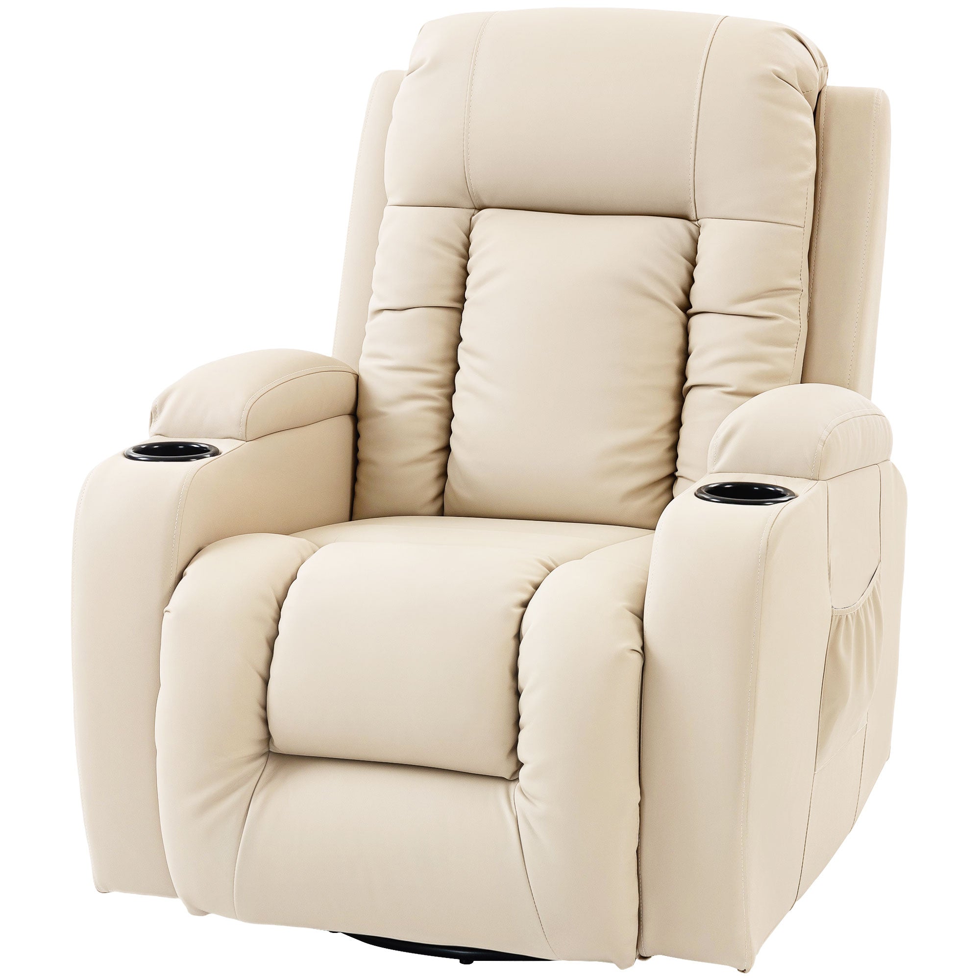 Recliner Armchair with Massage & Heat, PU Leather Recliner Chair with Extended Footrest, Cup Holders and Side Pockets, Swivel Rocking Manual Reclining Chair for Living Room, Cream
