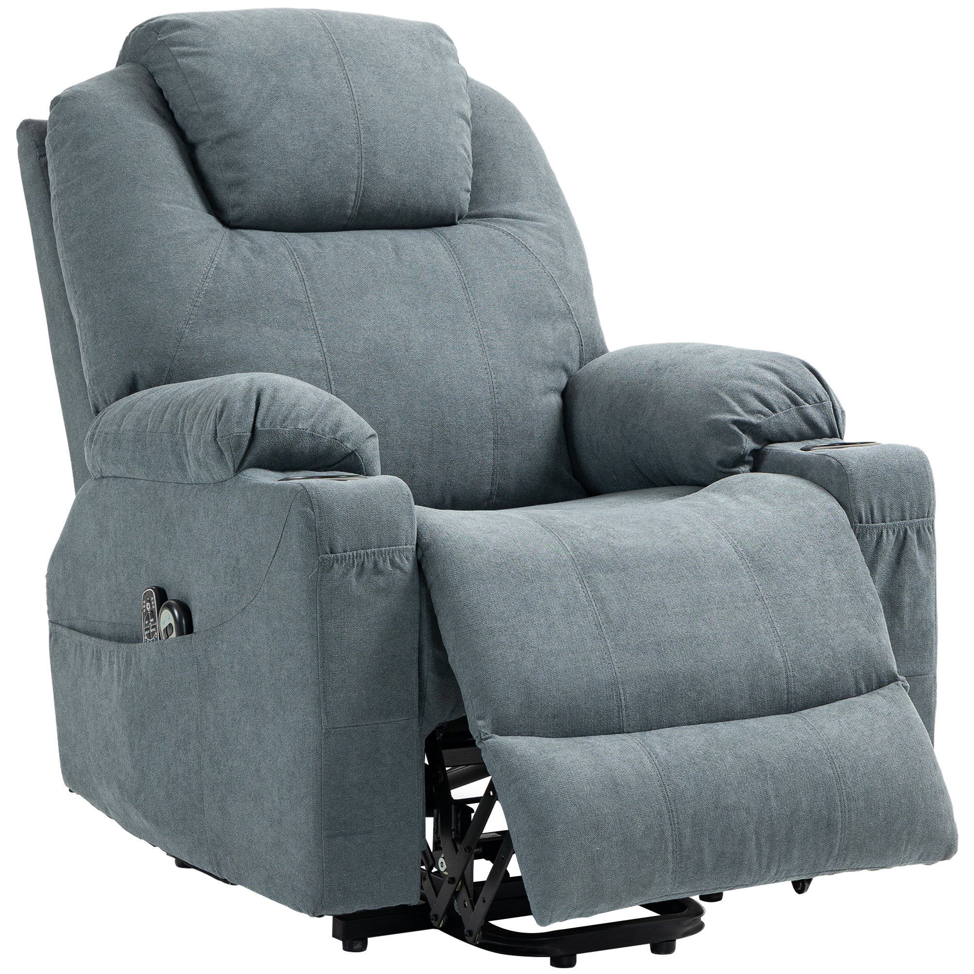 HOMCOM Riser and Recliner Chair for the Elderly, Quick Assembly, Fabric Overstuffed Lift Chair with Vibration Massage and Heat, Remote Control, Side Pockets, Cup Holders, Pocket Spring, Charcoal Grey