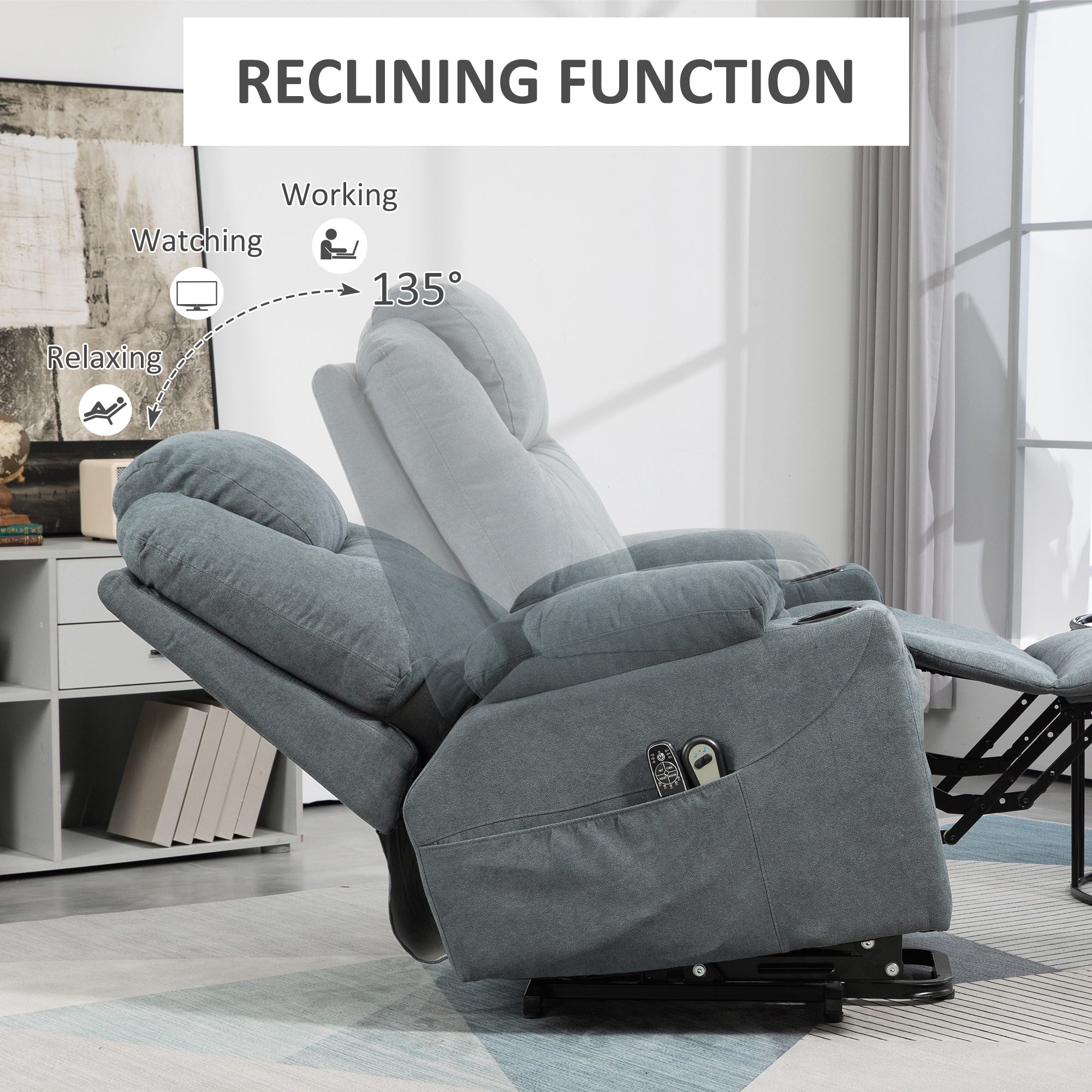 HOMCOM Riser and Recliner Chair for the Elderly, Quick Assembly, Fabric Overstuffed Lift Chair with Vibration Massage and Heat, Remote Control, Side Pockets, Cup Holders, Pocket Spring, Charcoal Grey