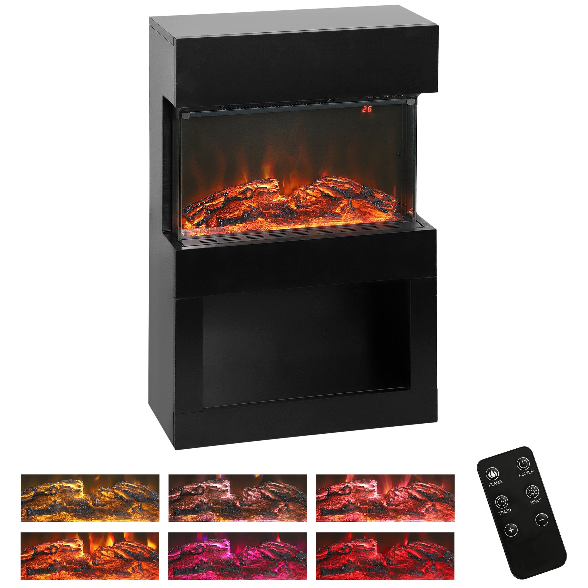 19" Electric Fireplace with Surround, 3D Flame Effect, 6 Colours & 3 Brightness Levels, 1000W/2000W Black Electric Fire and Mantel Reach up to 30㎡ Space with Remote & Timer, 3 Sided View