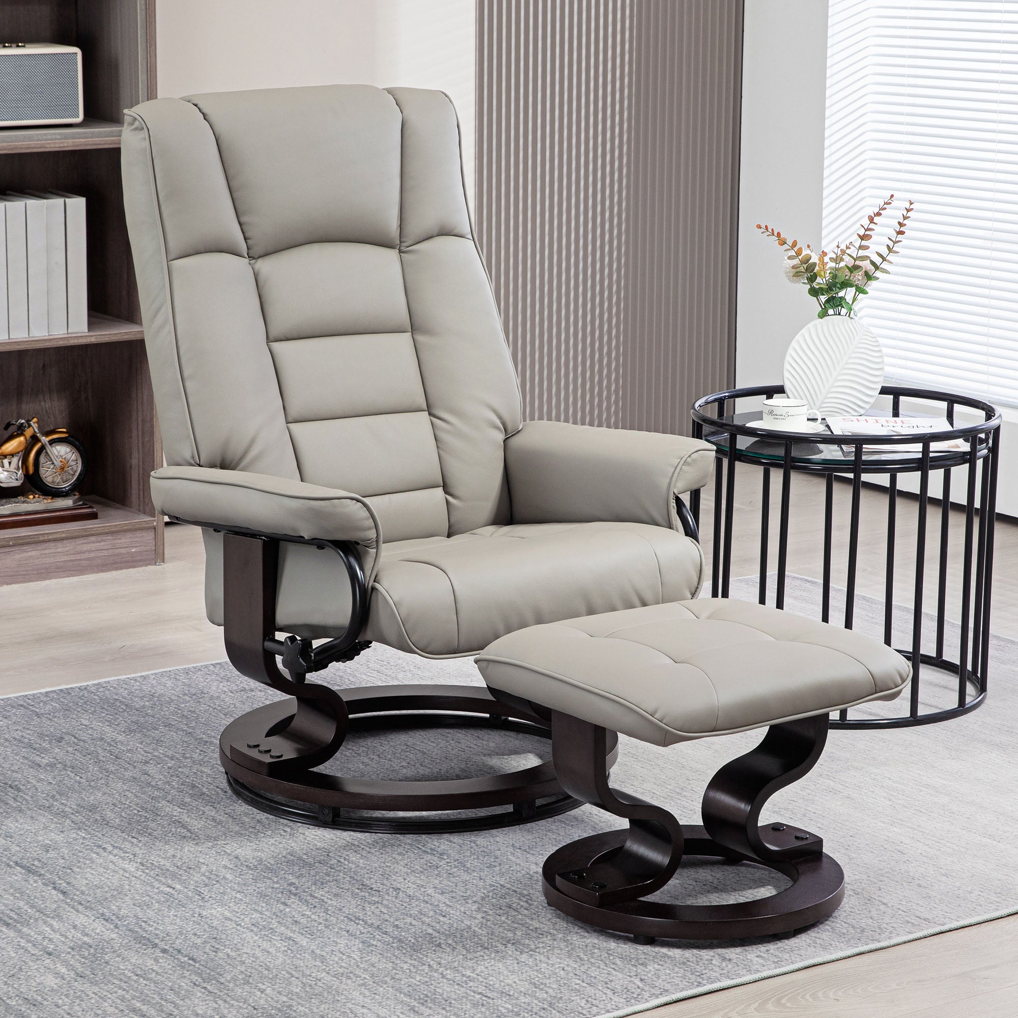 Faux Leather Recliner with Ottoman, Swivel Recliner w/ High Back & Wood Base, Gray