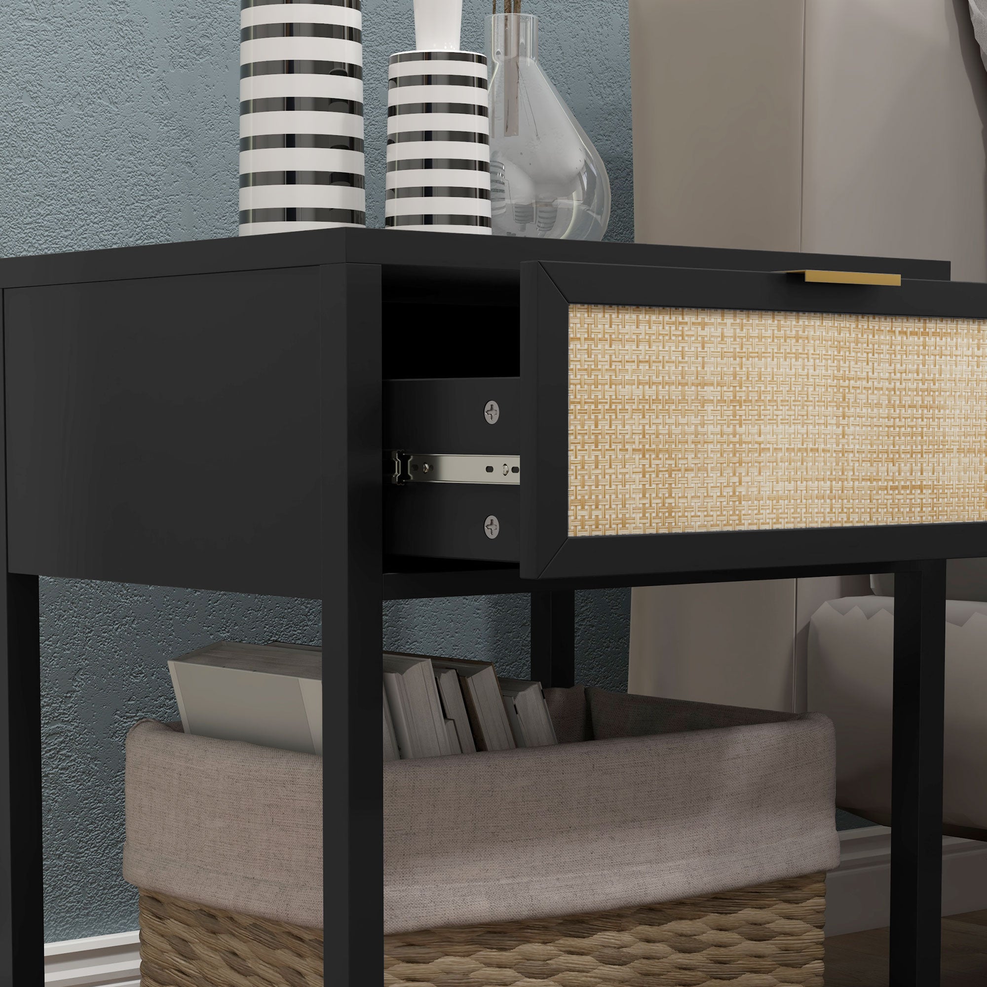 HOMCOM Bedside Table, Boho Nightstand with Drawer, Open Shelf and Rattan Element, Small Side Table for Bedroom, Black