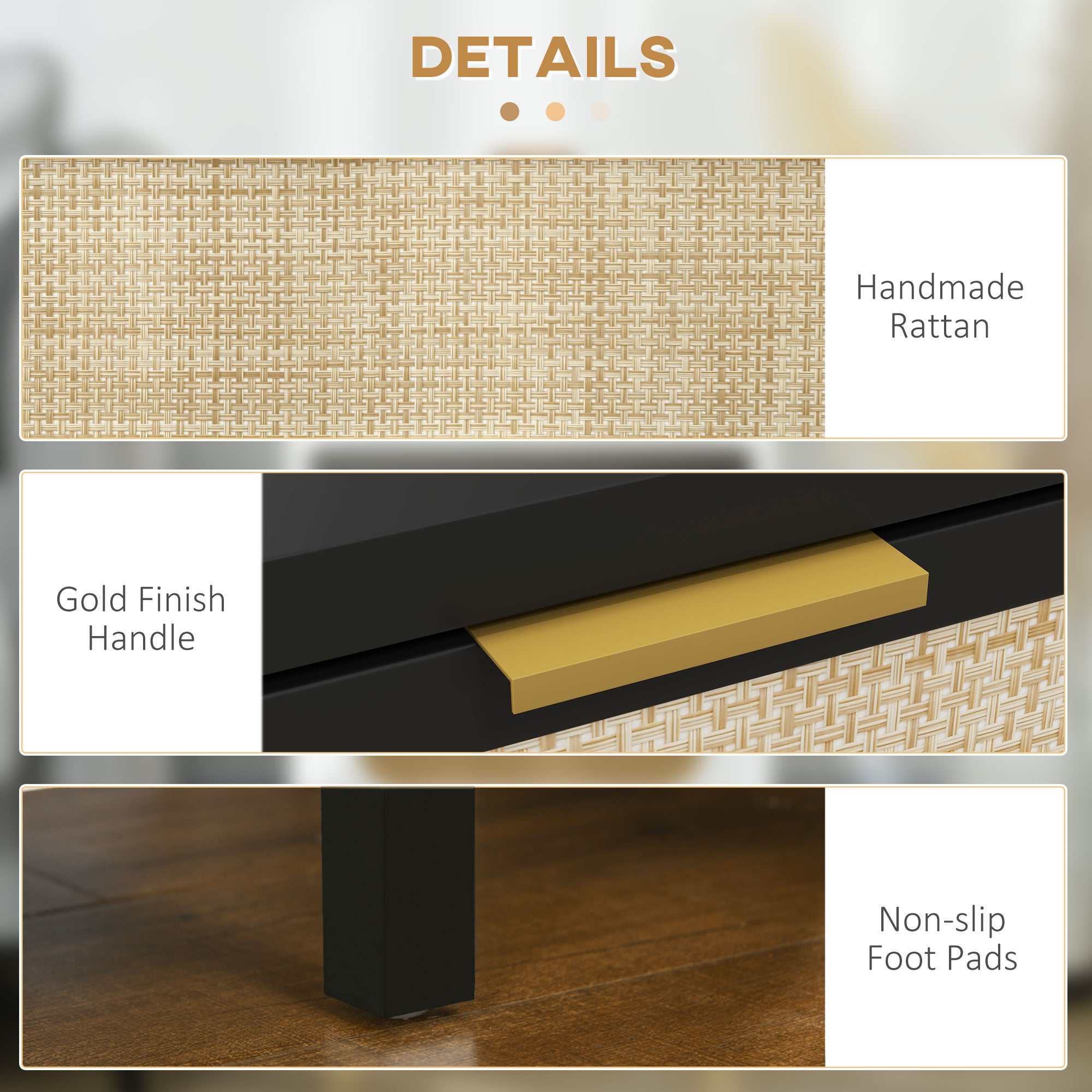 HOMCOM Bedside Table, Boho Nightstand with Drawer, Open Shelf and Rattan Element, Small Side Table for Bedroom, Black