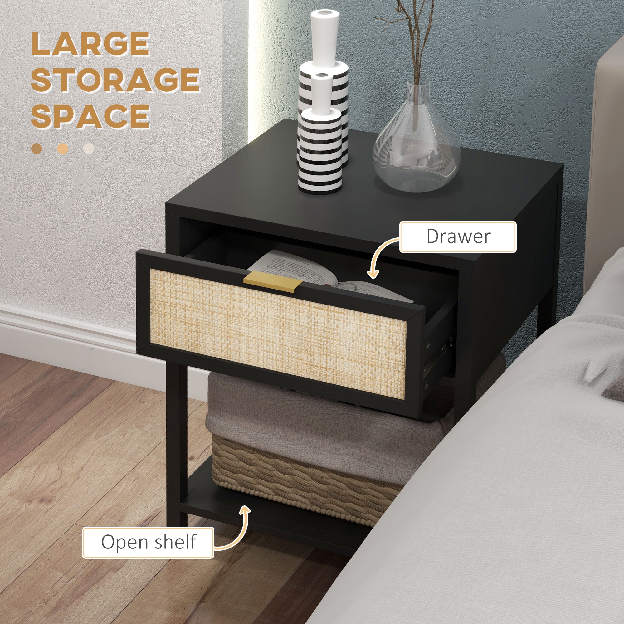 HOMCOM Bedside Table, Boho Nightstand with Drawer, Open Shelf and Rattan Element, Small Side Table for Bedroom, Black