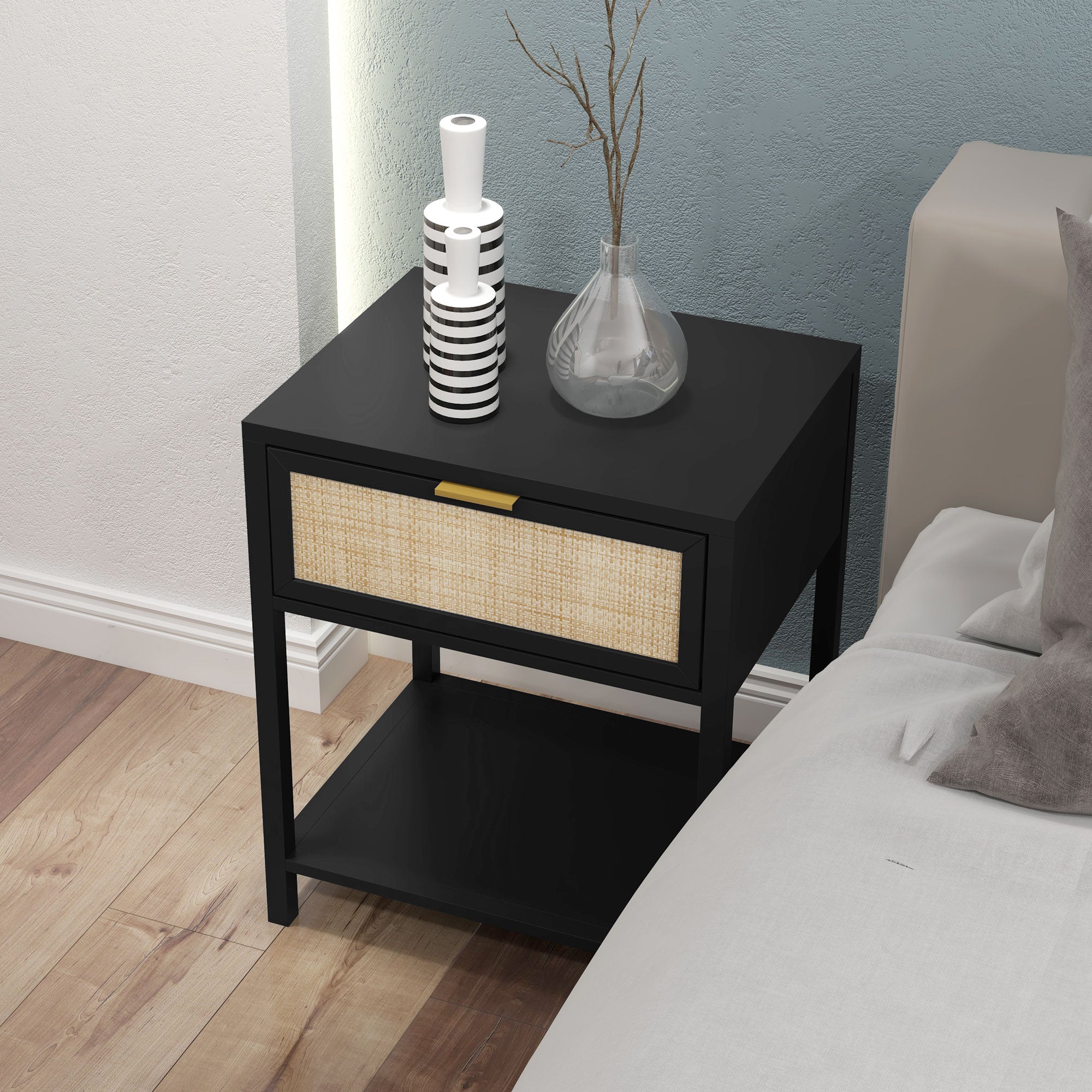 HOMCOM Bedside Table, Boho Nightstand with Drawer, Open Shelf and Rattan Element, Small Side Table for Bedroom, Black