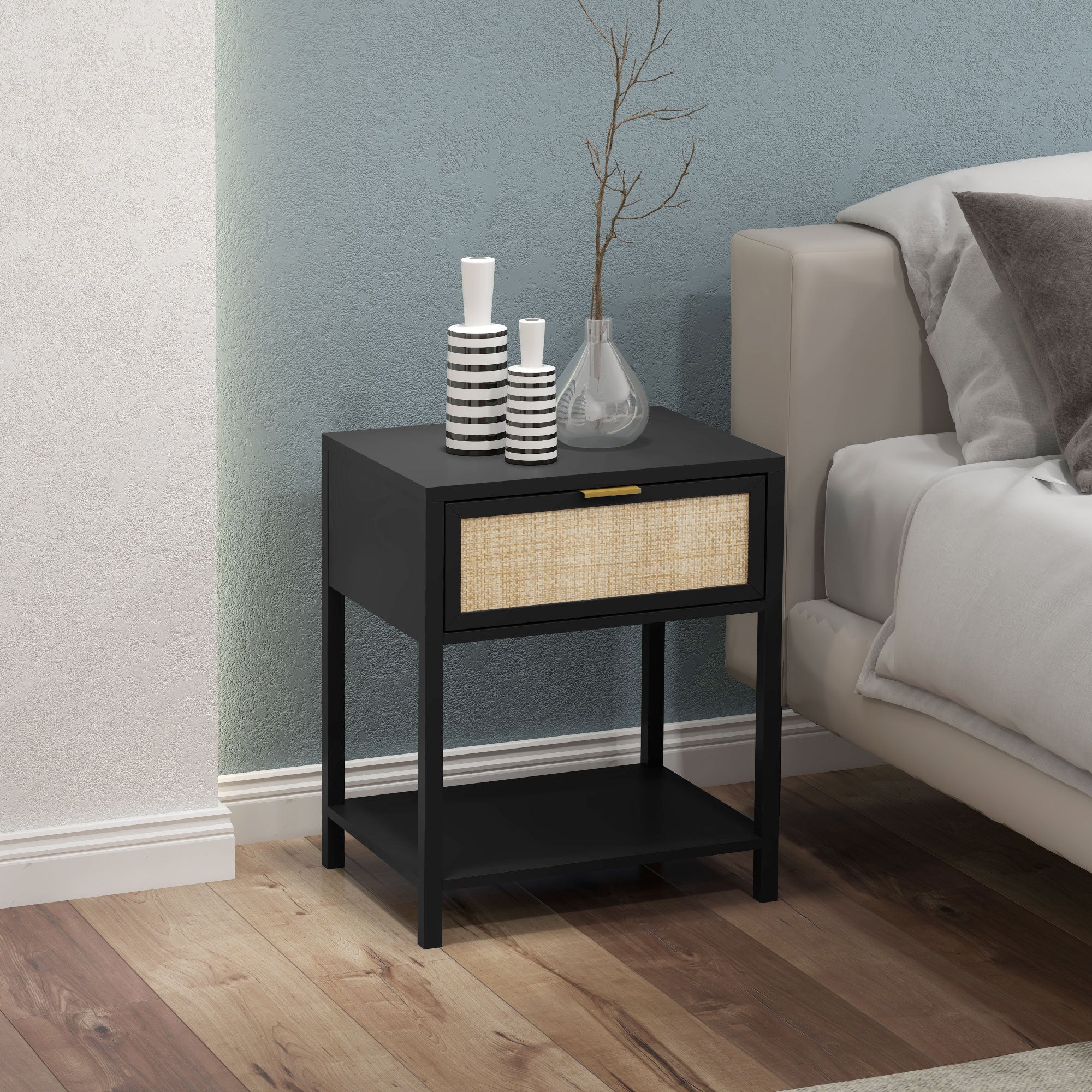 HOMCOM Bedside Table, Boho Nightstand with Drawer, Open Shelf and Rattan Element, Small Side Table for Bedroom, Black