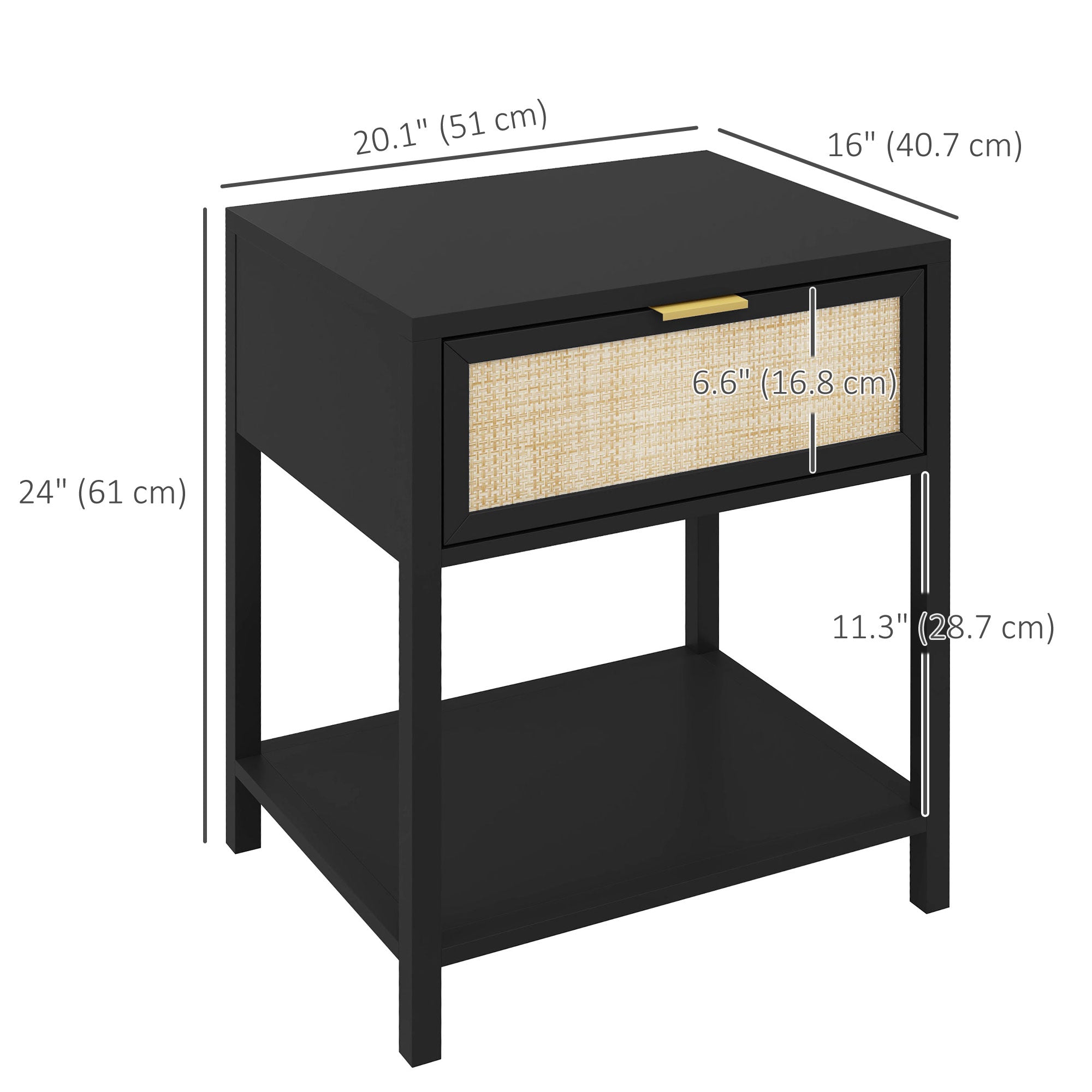 HOMCOM Bedside Table, Boho Nightstand with Drawer, Open Shelf and Rattan Element, Small Side Table for Bedroom, Black