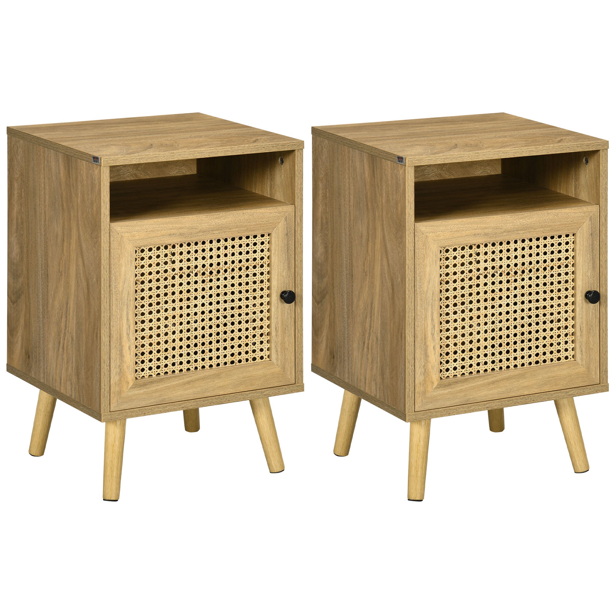 HOMCOM Bedside Table Nightstand with Storage Shelf and Door Cupboard, Side End Table with Rattan Element for Living Room, Bedroom, Set of 2, Natural