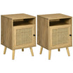 HOMCOM Bedside Table Nightstand with Storage Shelf and Door Cupboard, Side End Table with Rattan Element for Living Room, Bedroom, Set of 2, Natural