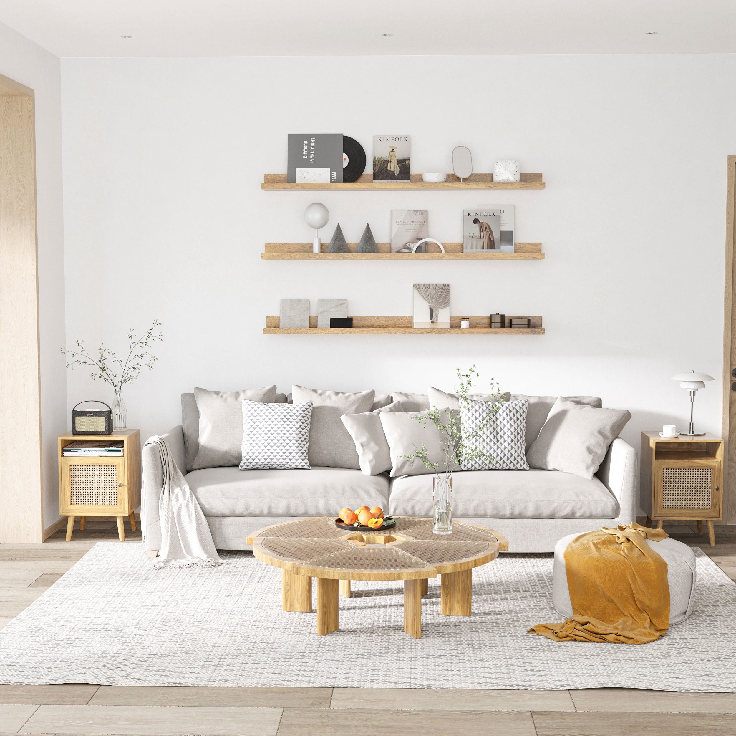 HOMCOM Bedside Table Nightstand with Storage Shelf and Door Cupboard, Side End Table with Rattan Element for Living Room, Bedroom, Set of 2, Natural