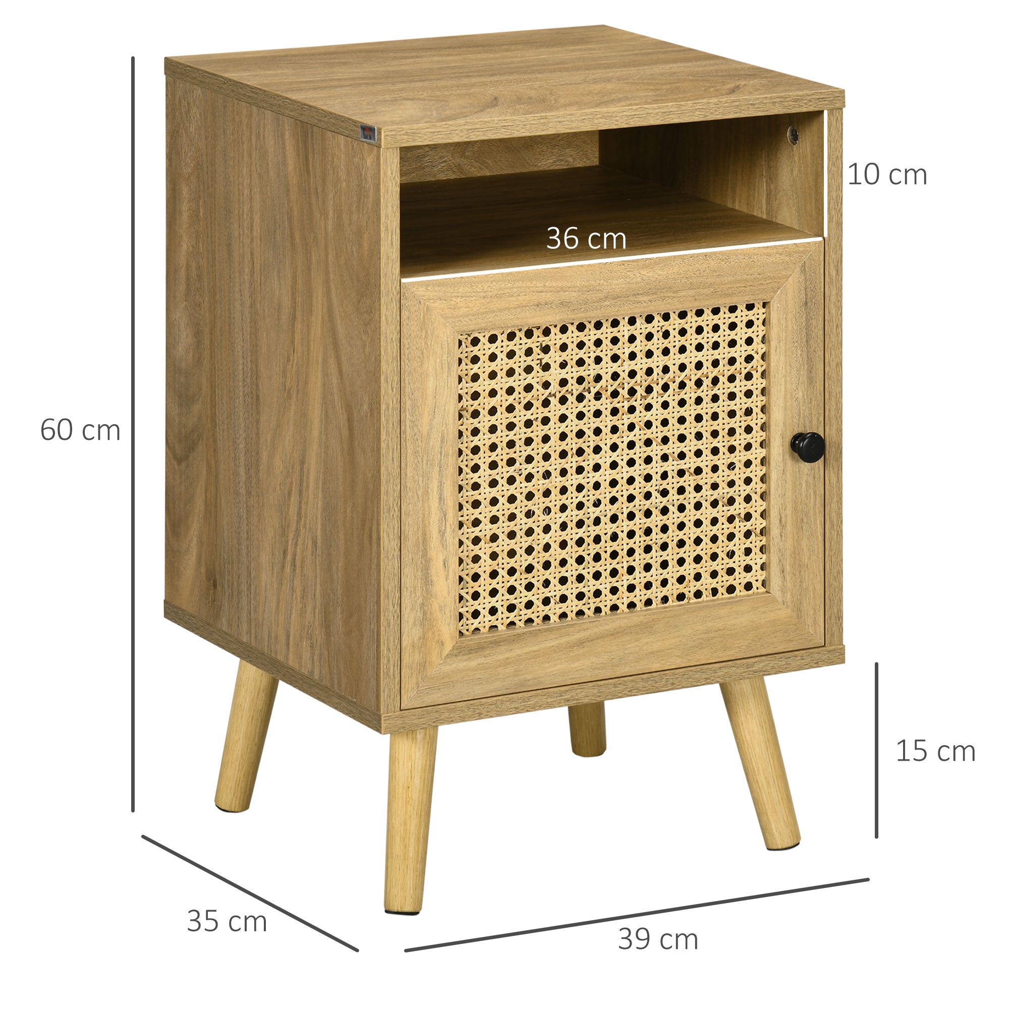 HOMCOM Bedside Table Nightstand with Storage Shelf and Door Cupboard, Side End Table with Rattan Element for Living Room, Bedroom, Set of 2, Natural