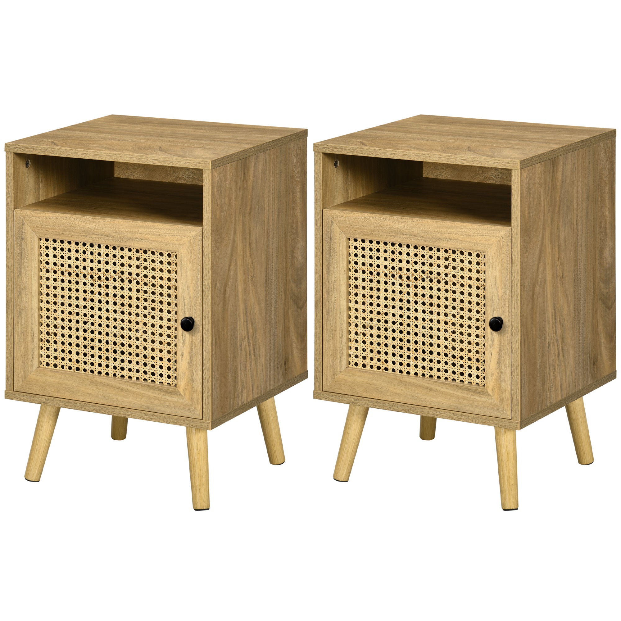 HOMCOM Bedside Table Nightstand with Storage Shelf and Door Cupboard, Side End Table with Rattan Element for Living Room, Bedroom, Set of 2, Natural