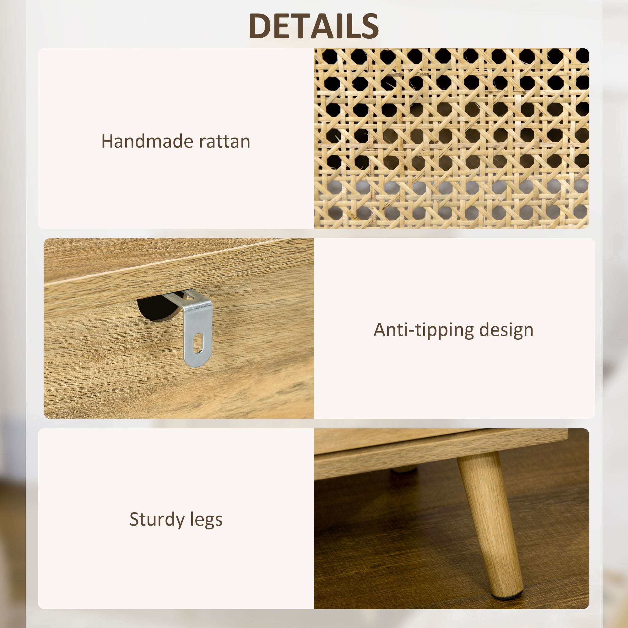 HOMCOM Bedside Table Nightstand with Storage Shelf and Door Cupboard, Side End Table with Rattan Element for Living Room, Bedroom, Set of 2, Natural