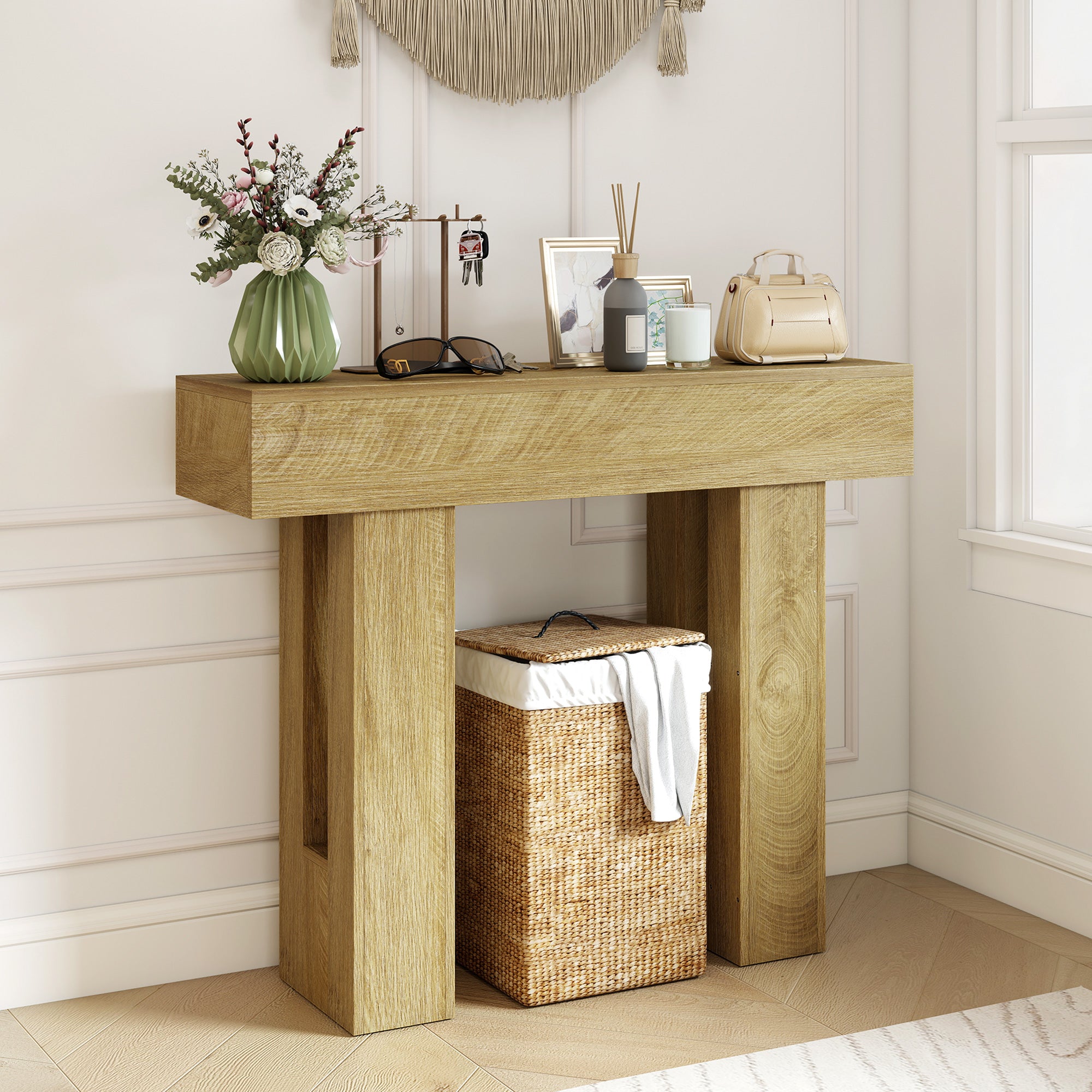 42 Inch Console Table, Narrow Farmhouse Entryway Table with Thickened Tabletop for Living Room, Hallway, Entrance, Oak