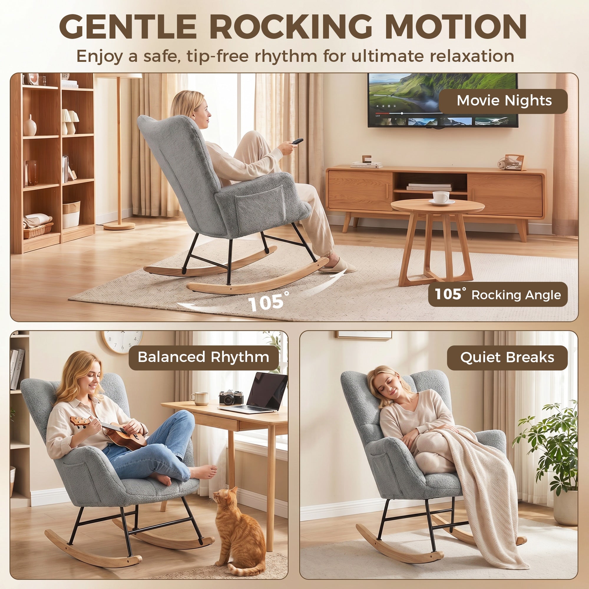 Rocking Chair with Side Pockets, Wingback Tufted Rocker Chair with Teddy Fleece Upholstered, Rubber Wood Legs for Living Room, Bedroom, Light Grey