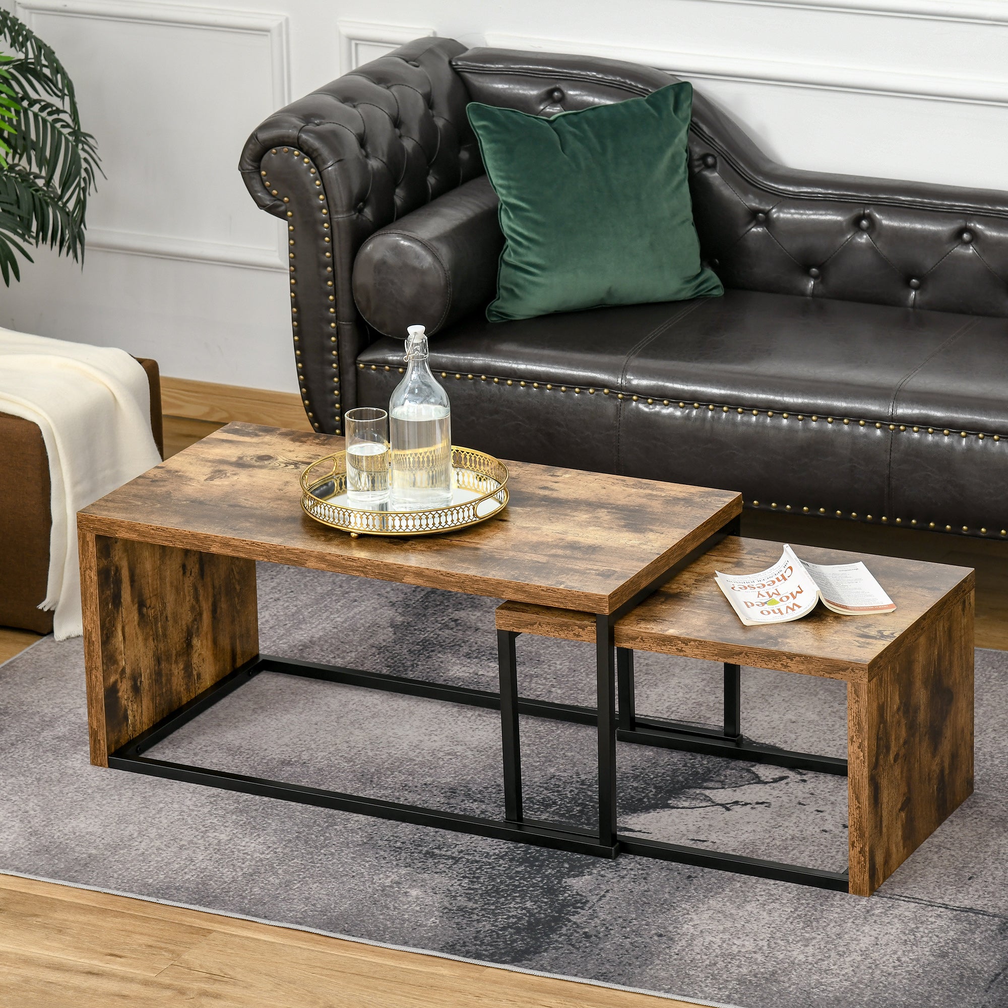 HOMCOM Coffee Tables Nesting Table Set of 2 Side Table w/ Metal Frame for Living Room Bedroom Black & Brown