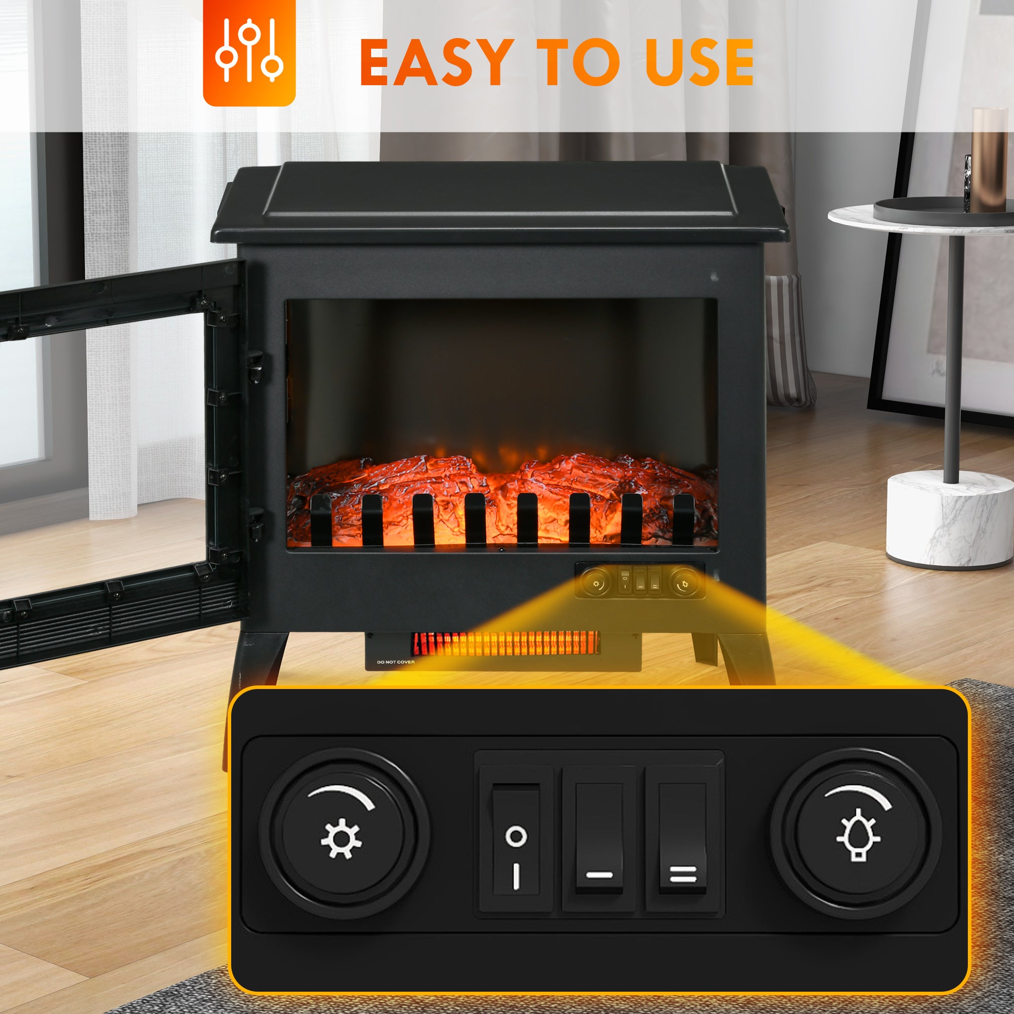 24" Electric Fireplace Heater with Realistic Log Flame & Adjustable Temp, 1500W, Black