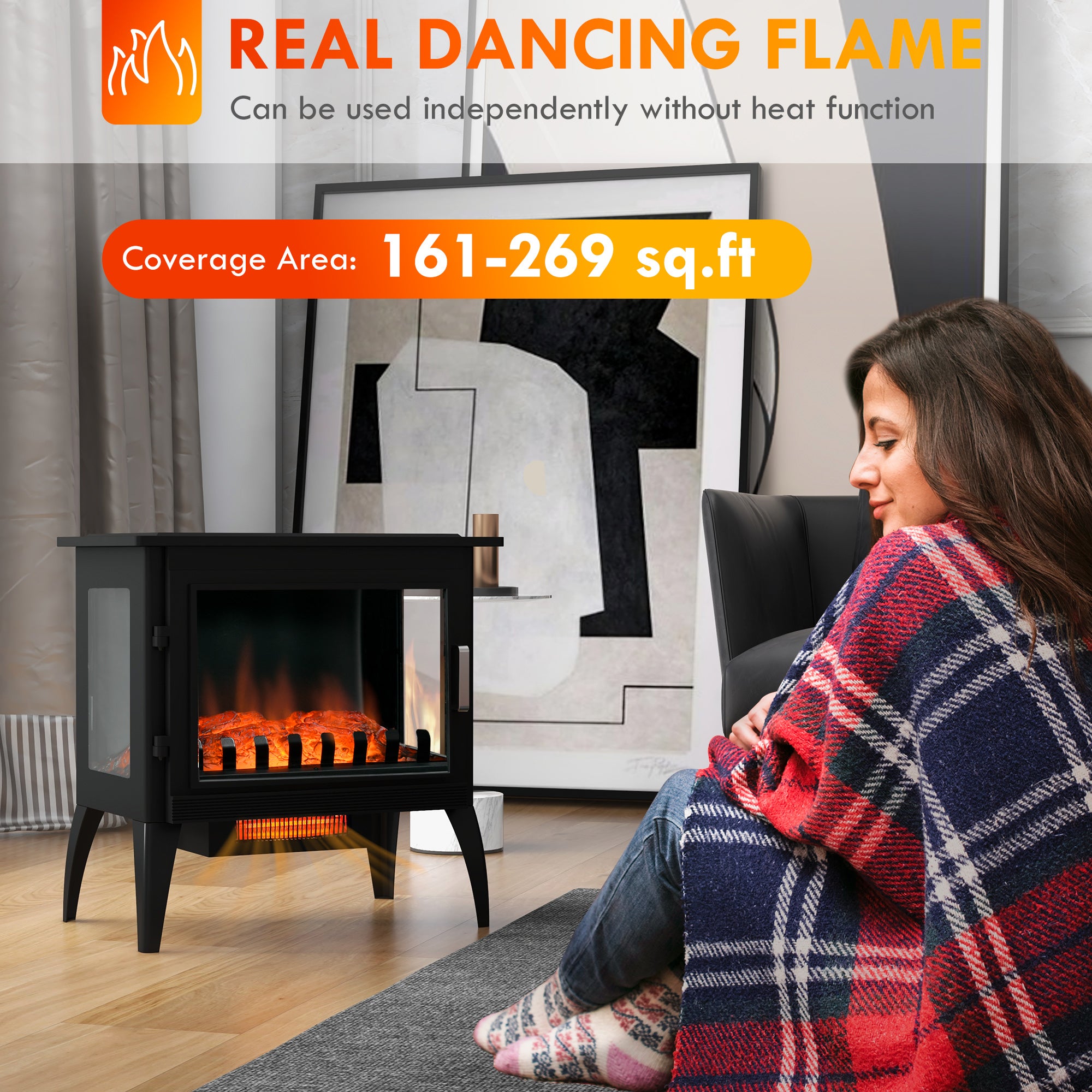 24" Electric Fireplace Heater with Realistic Log Flame & Adjustable Temp, 1500W, Black