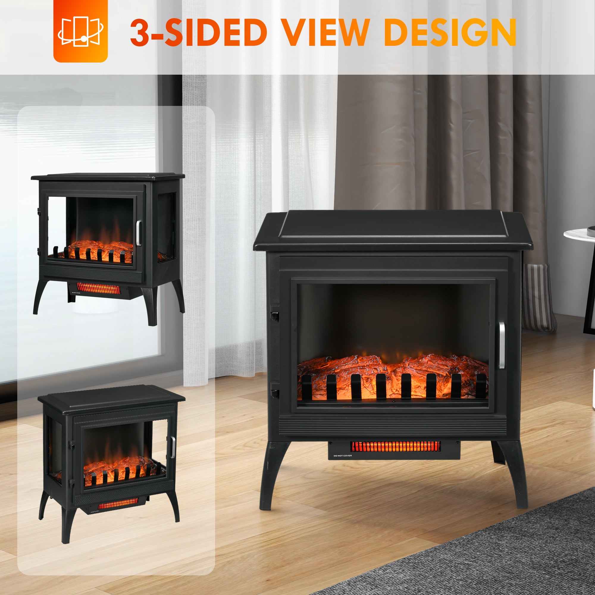 24" Electric Fireplace Heater with Realistic Log Flame & Adjustable Temp, 1500W, Black