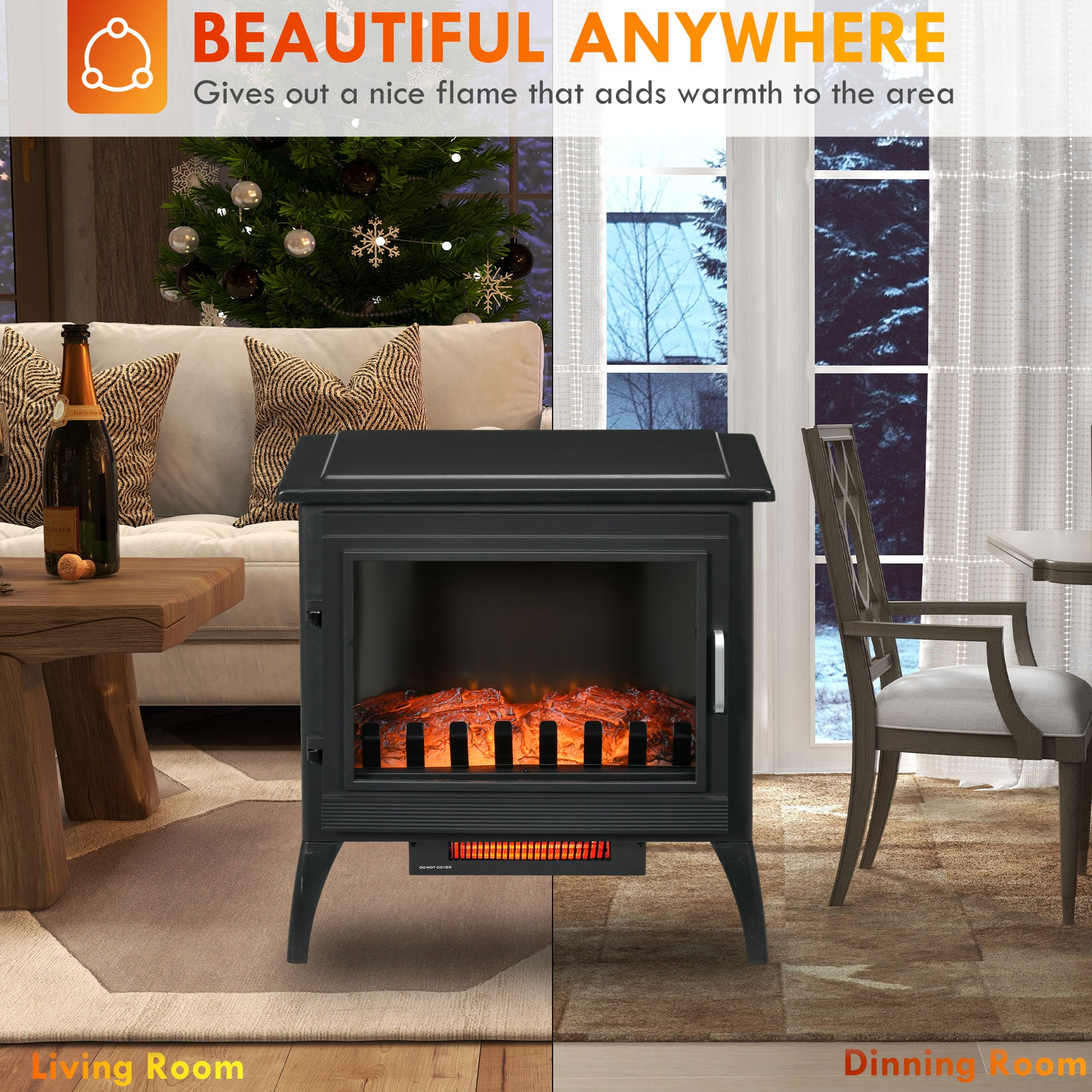 24" Electric Fireplace Heater with Realistic Log Flame & Adjustable Temp, 1500W, Black