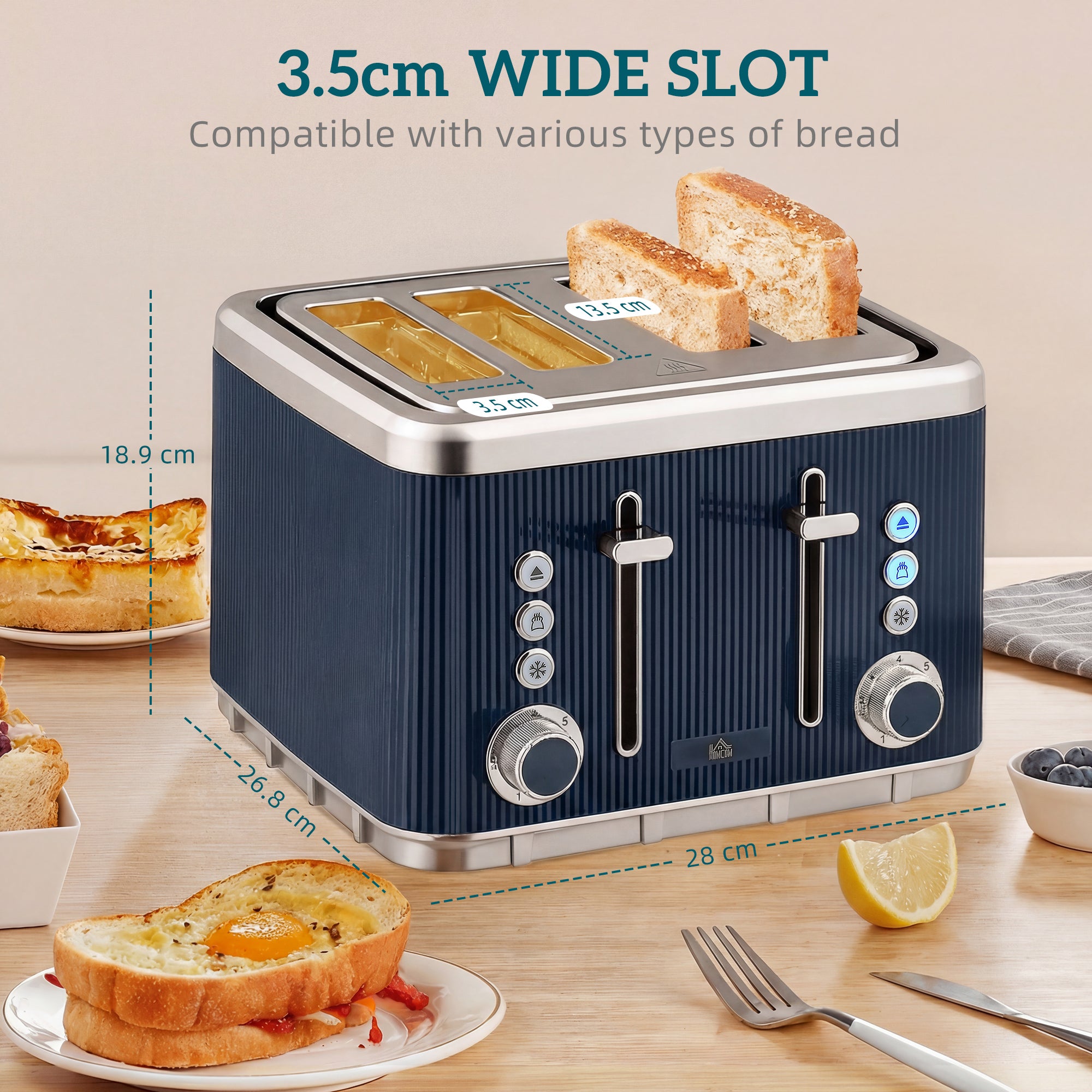 Electric Stainless Steel Kettle and Toaster Set, 3000W 1.7L UK Strix Thermostat Fast Boil Kettle w/ Limescale Filter, Cool Touch Body, 4 Slice Toaster with 7 Browning Levels, Dark Blue